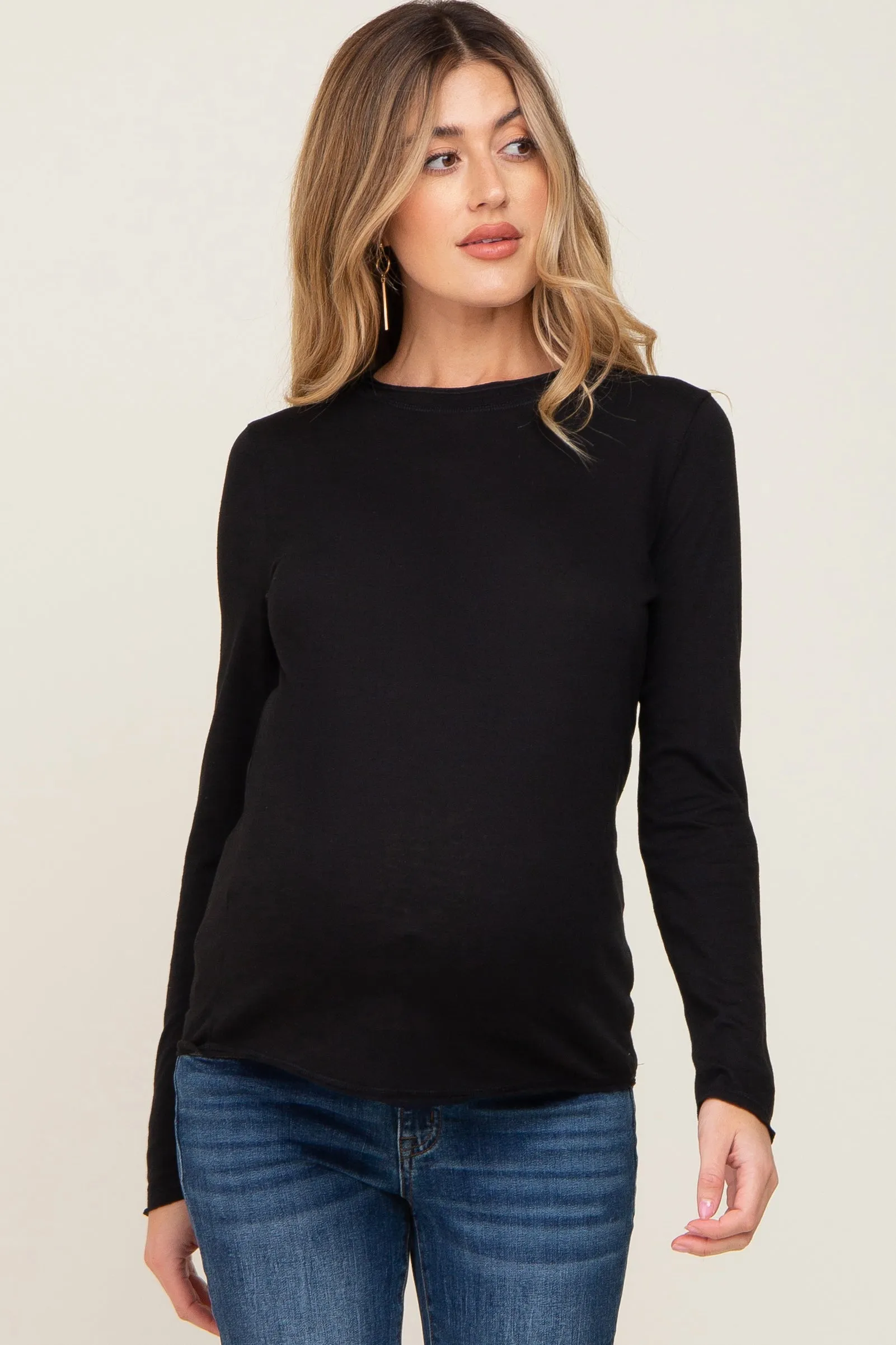 Black Basic Raw Hem Maternity Long Sleeve Top