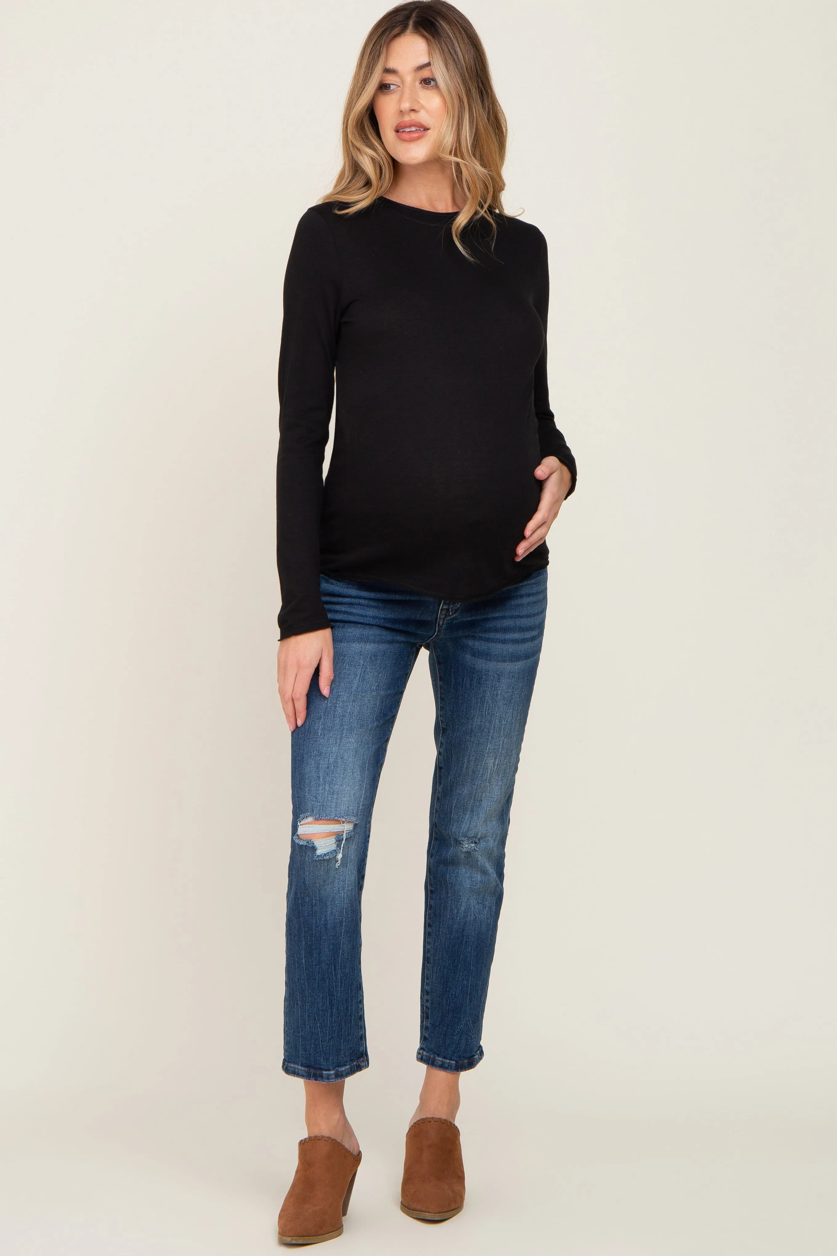 Black Basic Raw Hem Maternity Long Sleeve Top