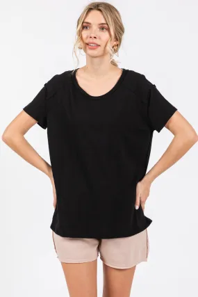 Black Raw Hem Short Sleeve Top