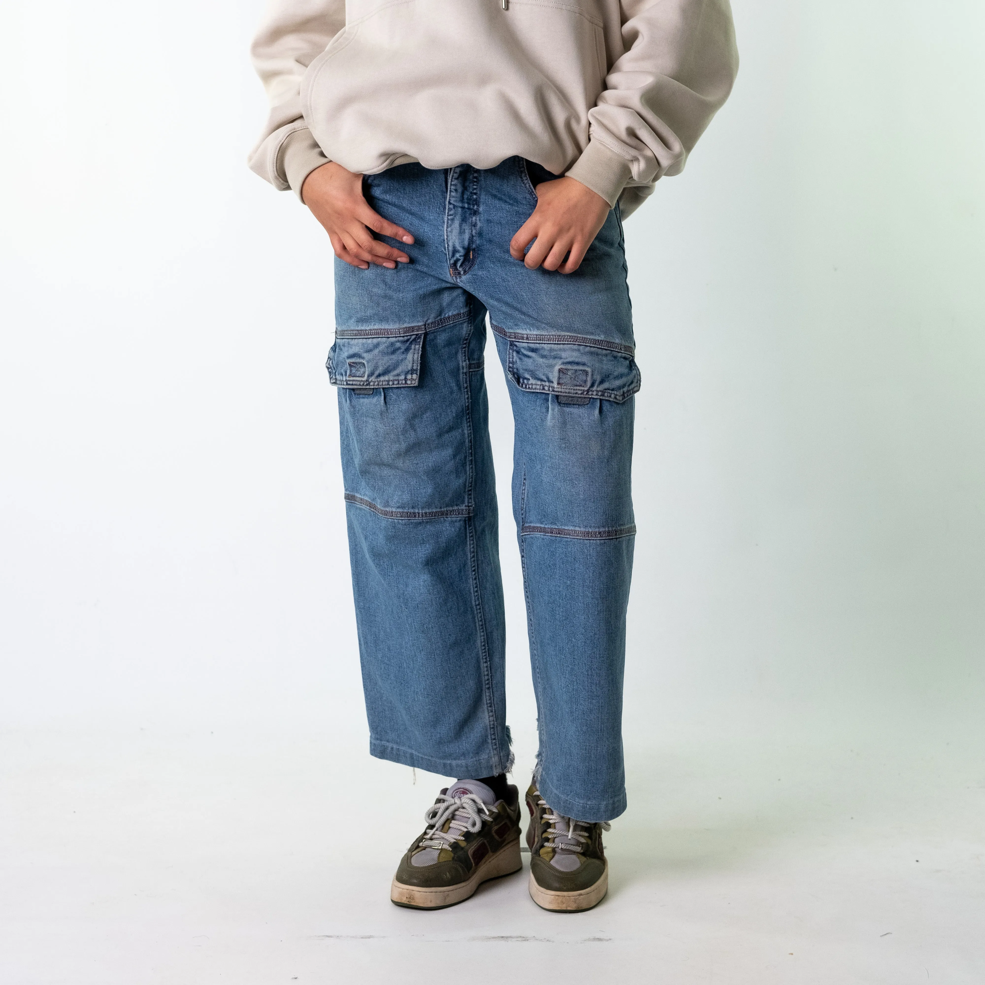 Blue Denim 90s Baggy Hip Hop Rifle Cargo Skater Trousers Pants Jeans (30x28)