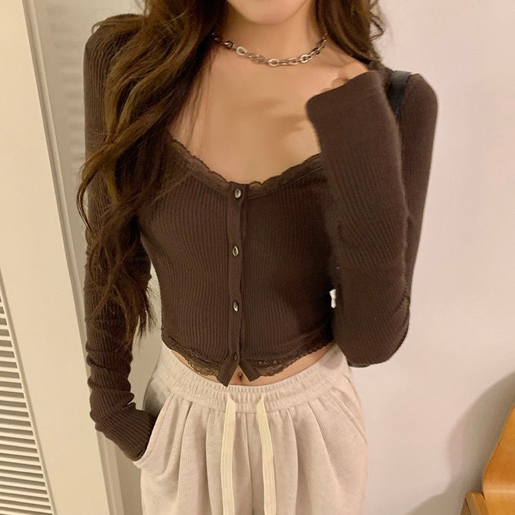 Brown Lace Trim Top