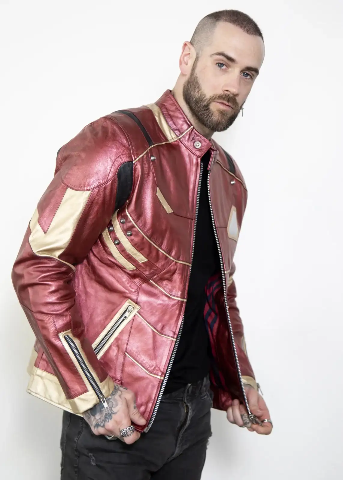 Buy Mens Iron Man Tony Stark Red & Gold Armor Leather Jacket