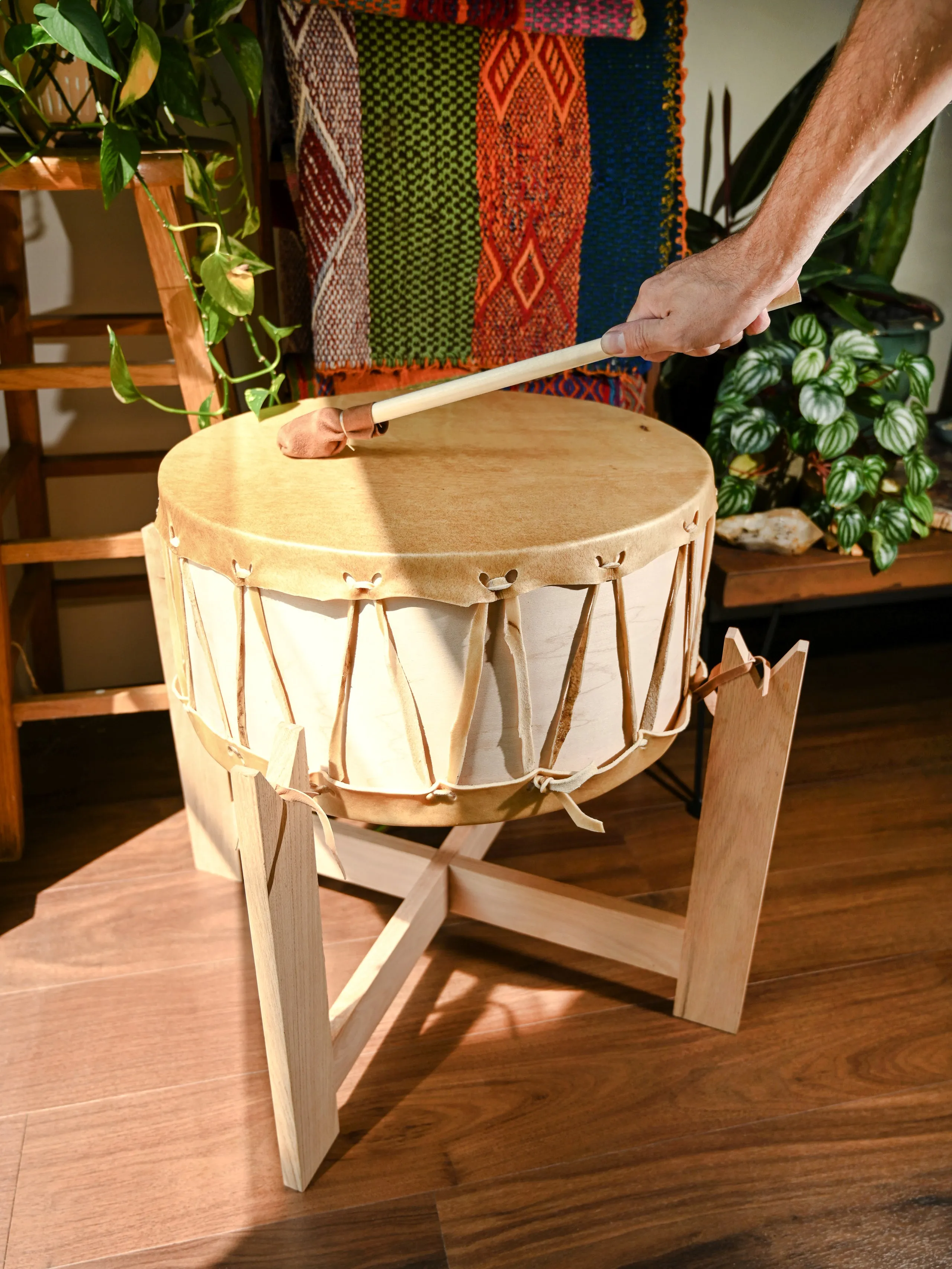 Ceremonial Native American Style Buffalo Hide Double-Sided Drum with Stand