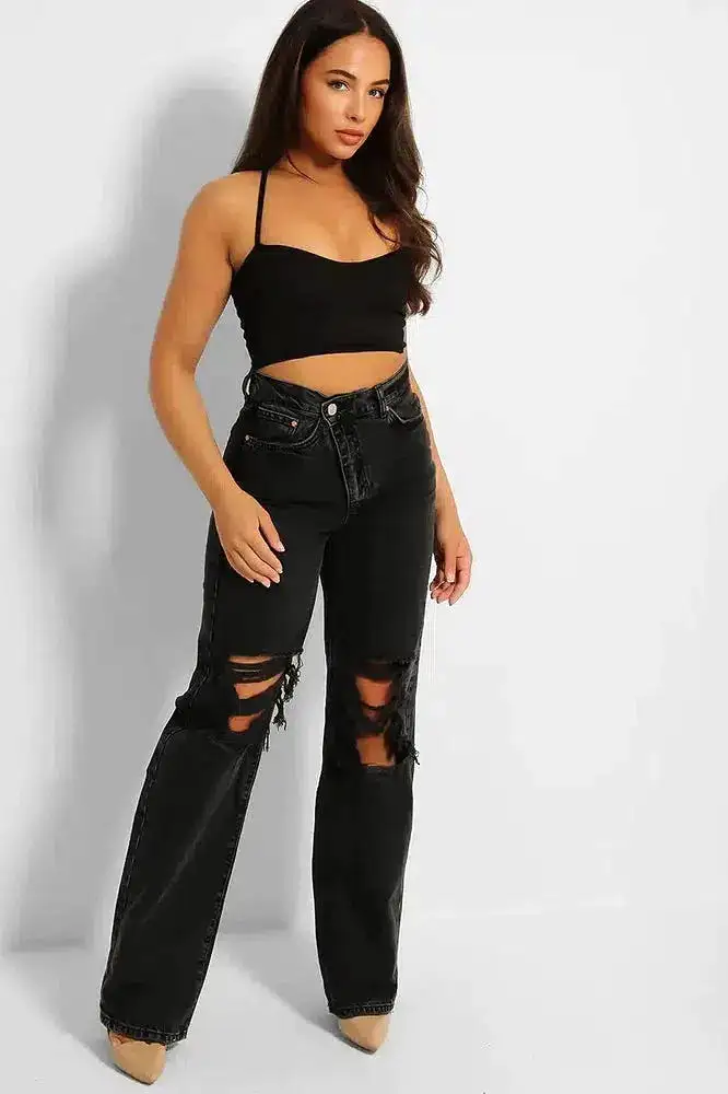 Charcoal Black Ripped Front Asymmetric Zip Wide Leg Jeans