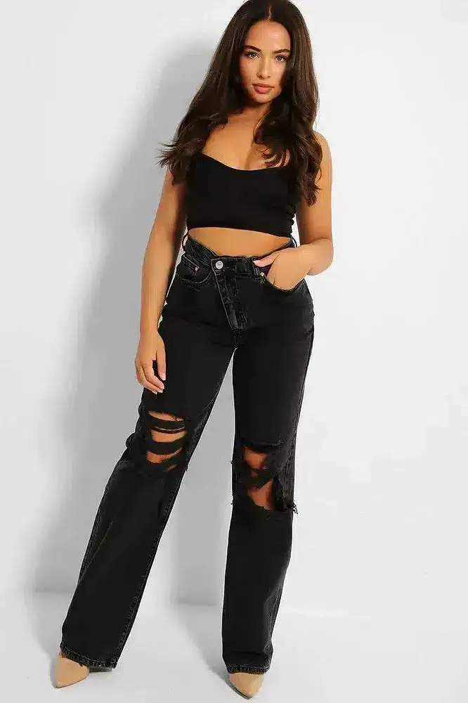 Charcoal Black Ripped Front Asymmetric Zip Wide Leg Jeans