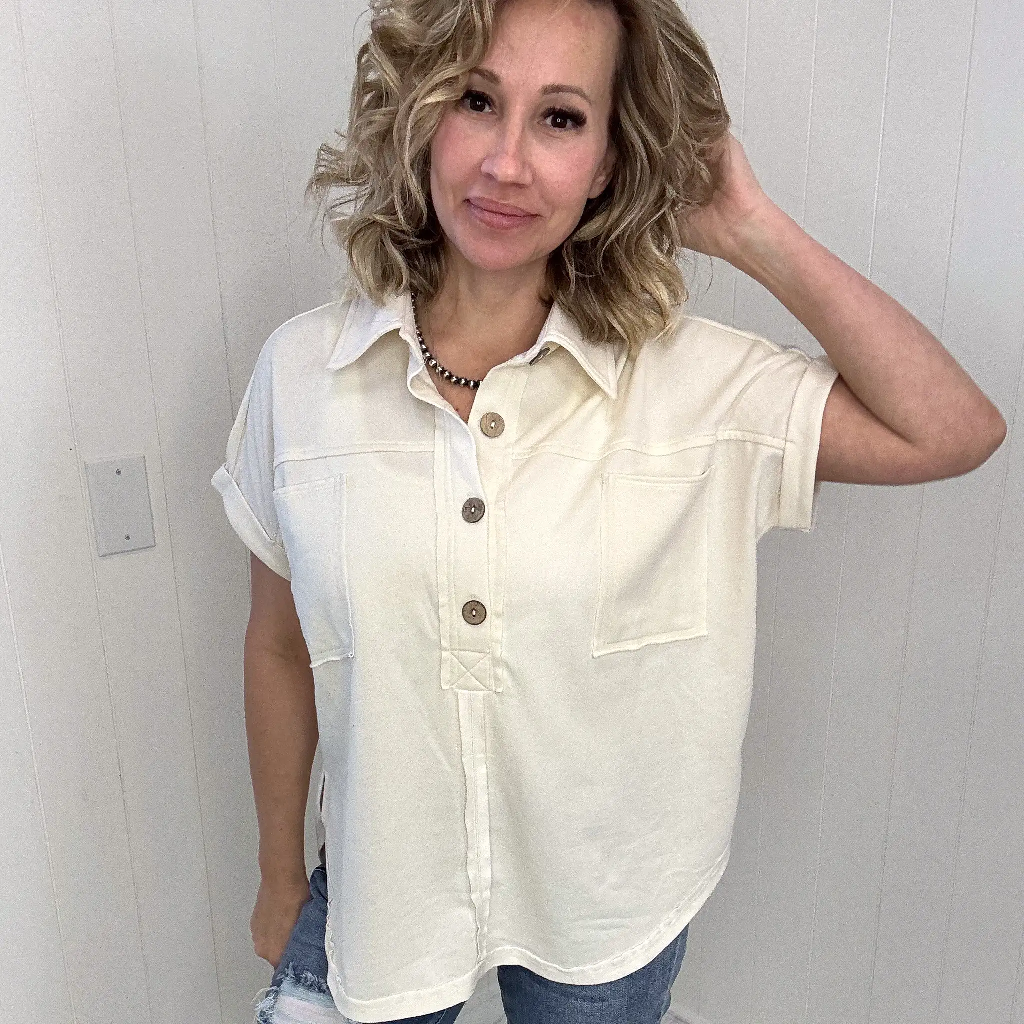 Cream Oversized Short Sleeve Raw Hem Top