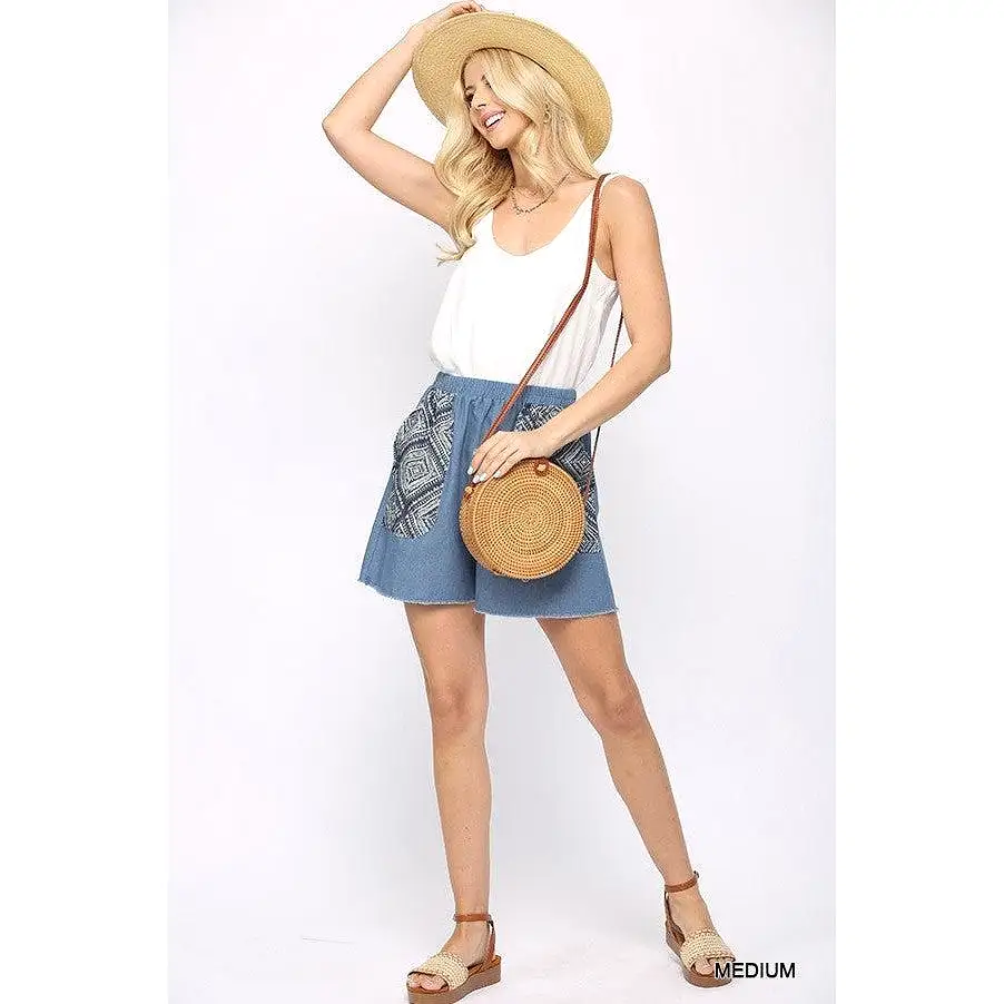 Denim And Print Pockets Elastic Waist Shorts With Raw Hem