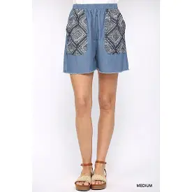 Denim And Print Pockets Elastic Waist Shorts With Raw Hem