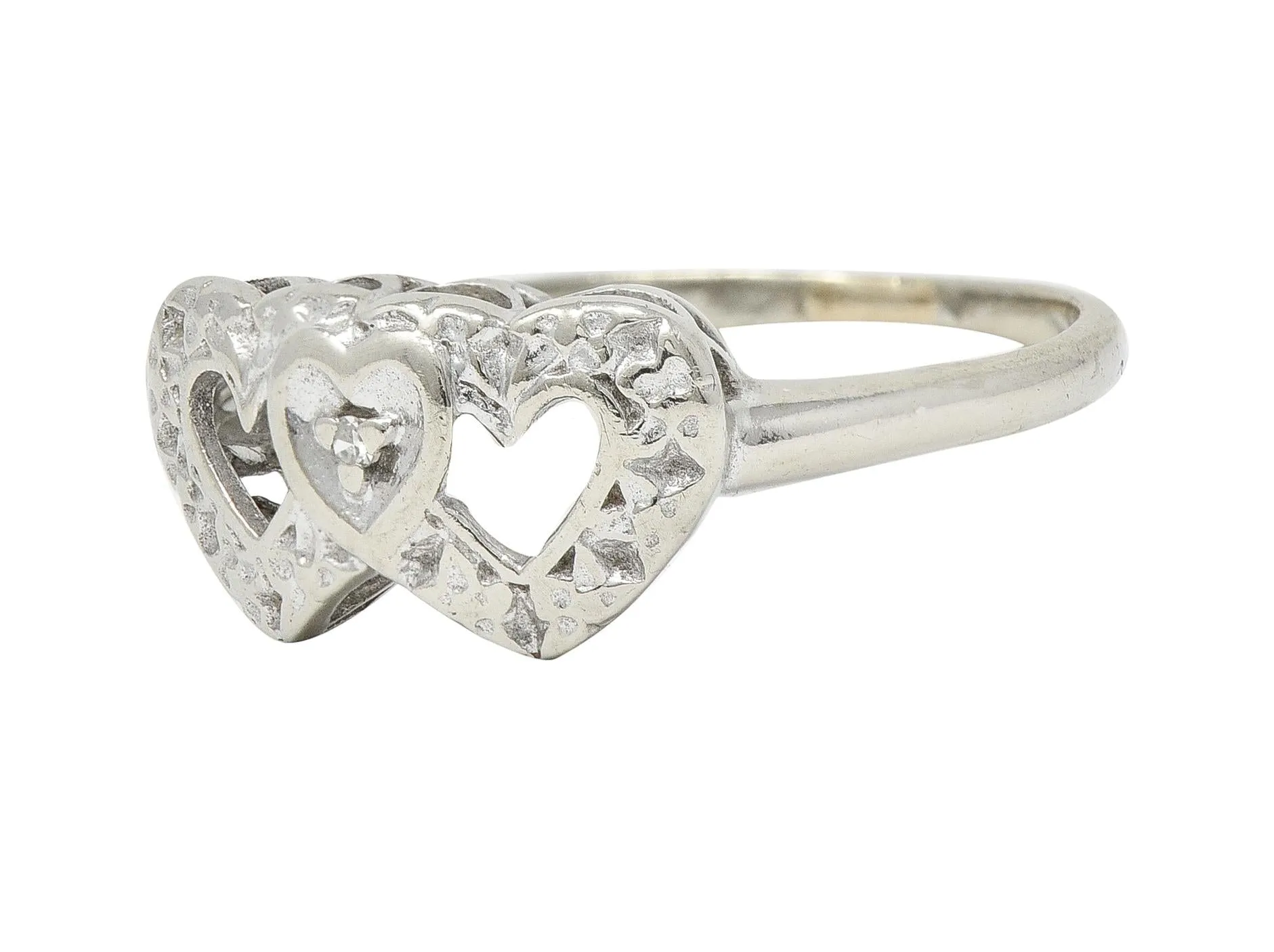 Early Art Deco 14 Karat White Gold Double Heart Floral Antique Ring