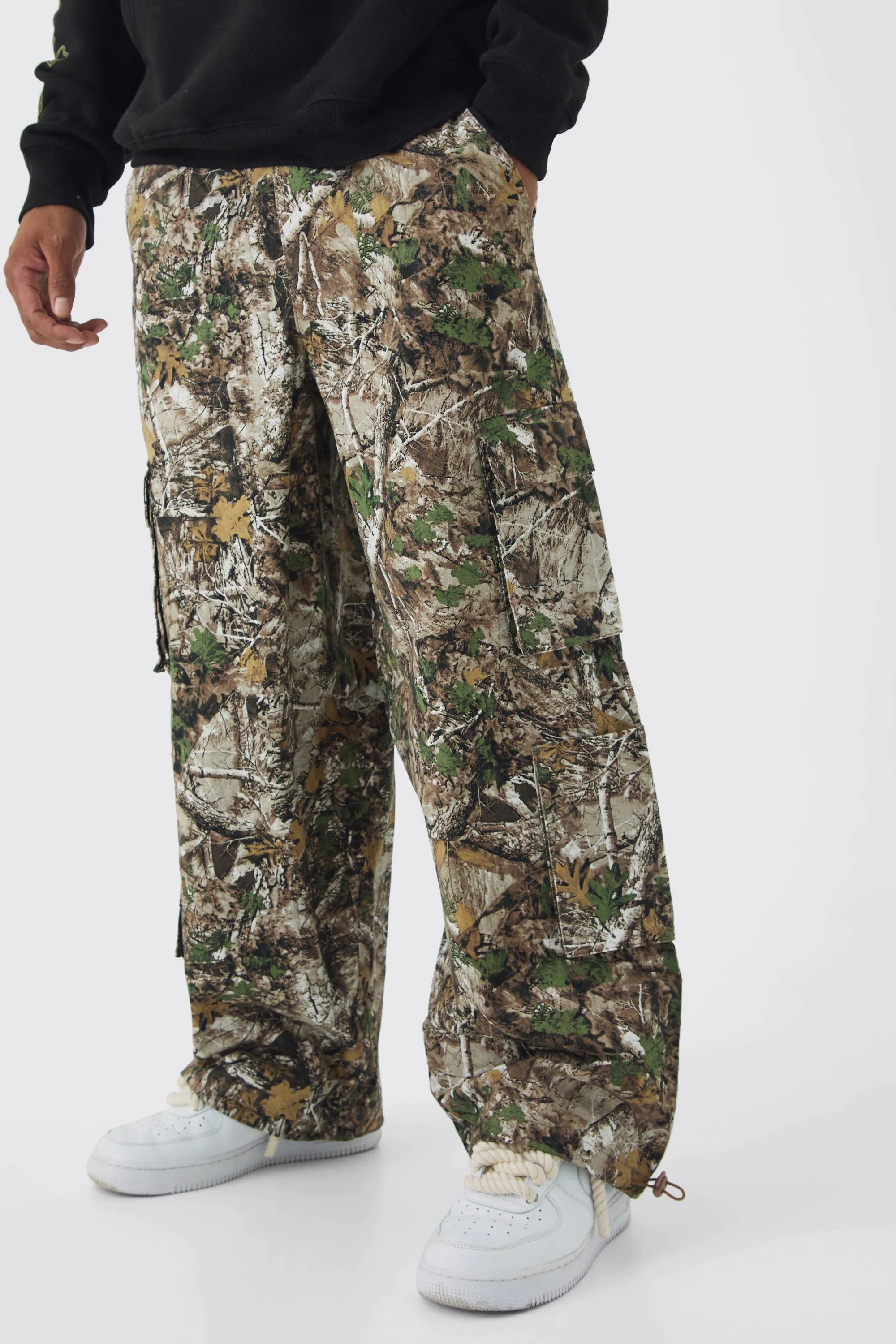 Elasticated Waist Extreme Baggy Bungy Hem Forest Camo Cargo Trousers