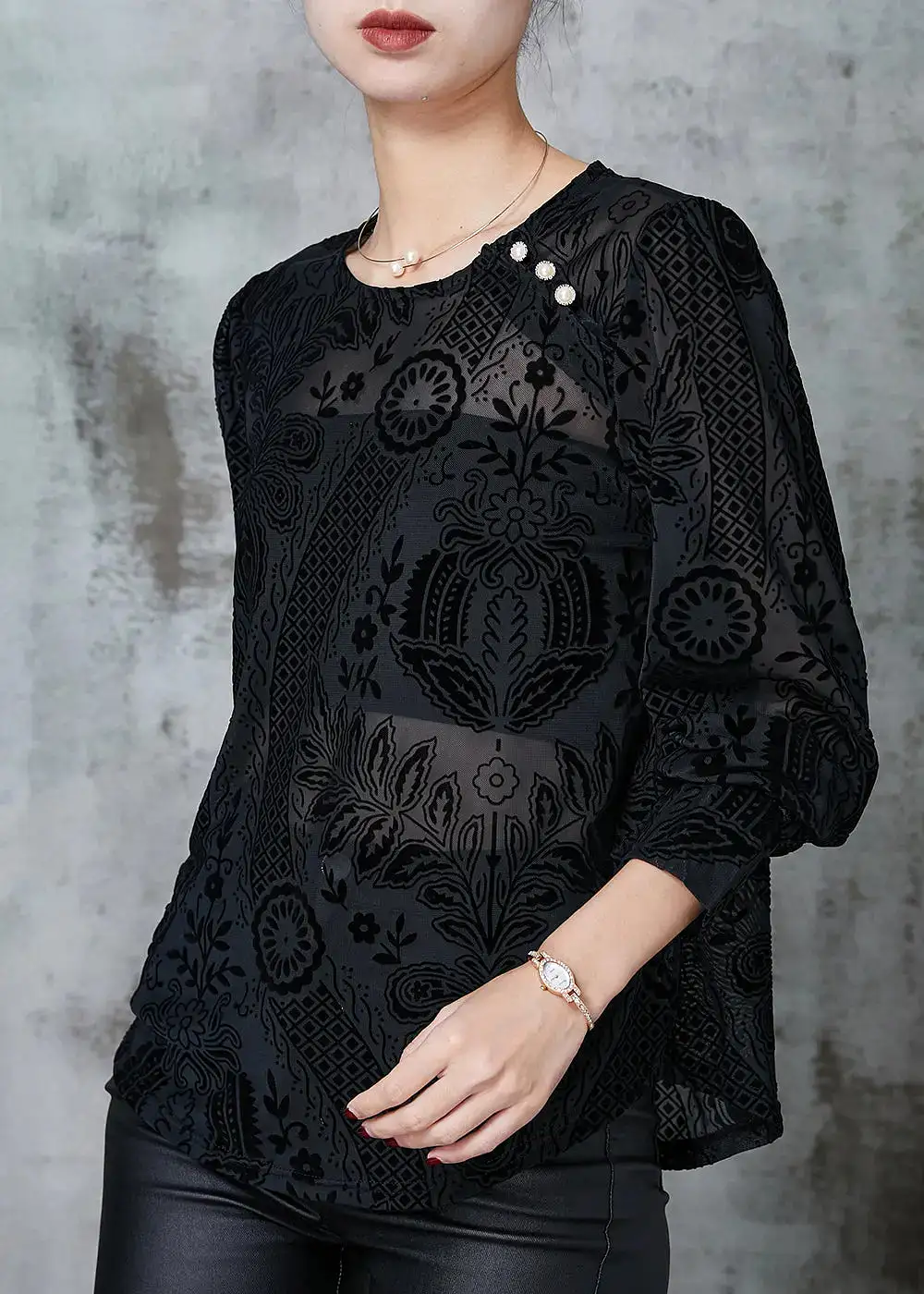 Elegant Black O-Neck Jacquard Lace Tops Spring JK1061