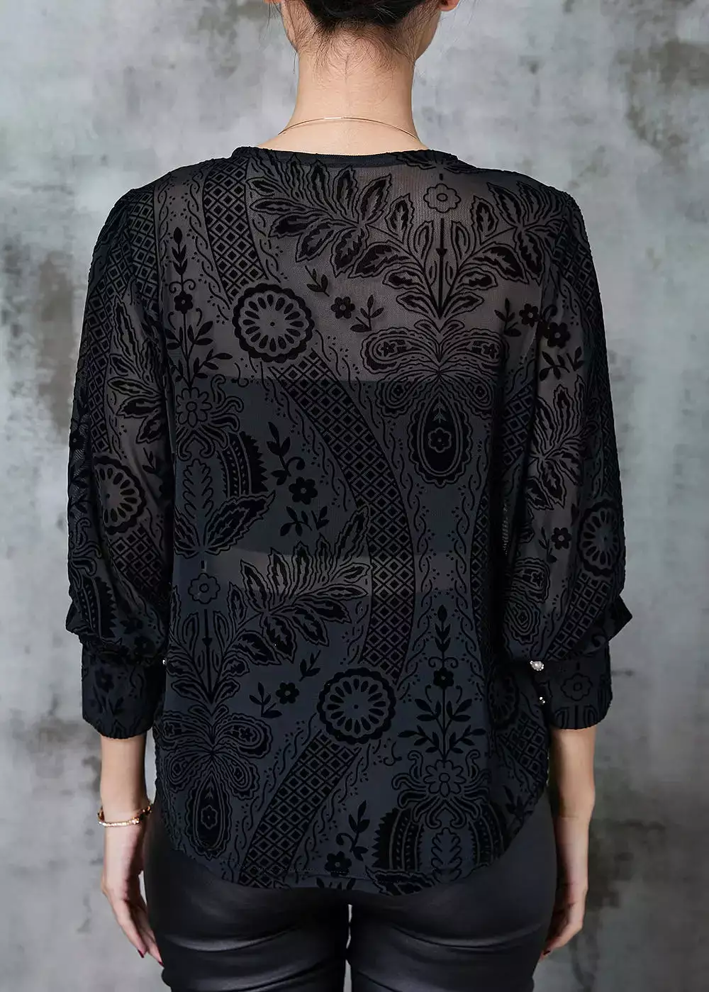 Elegant Black O-Neck Jacquard Lace Tops Spring JK1061