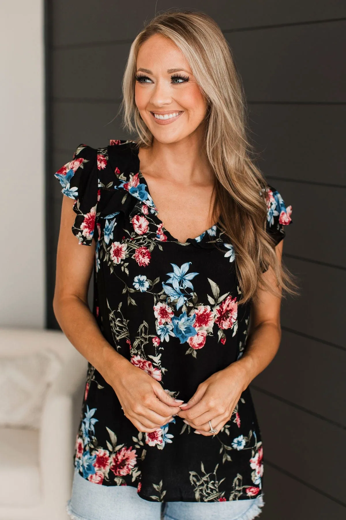 Elevated Evenings Floral Ruffle Top- Black