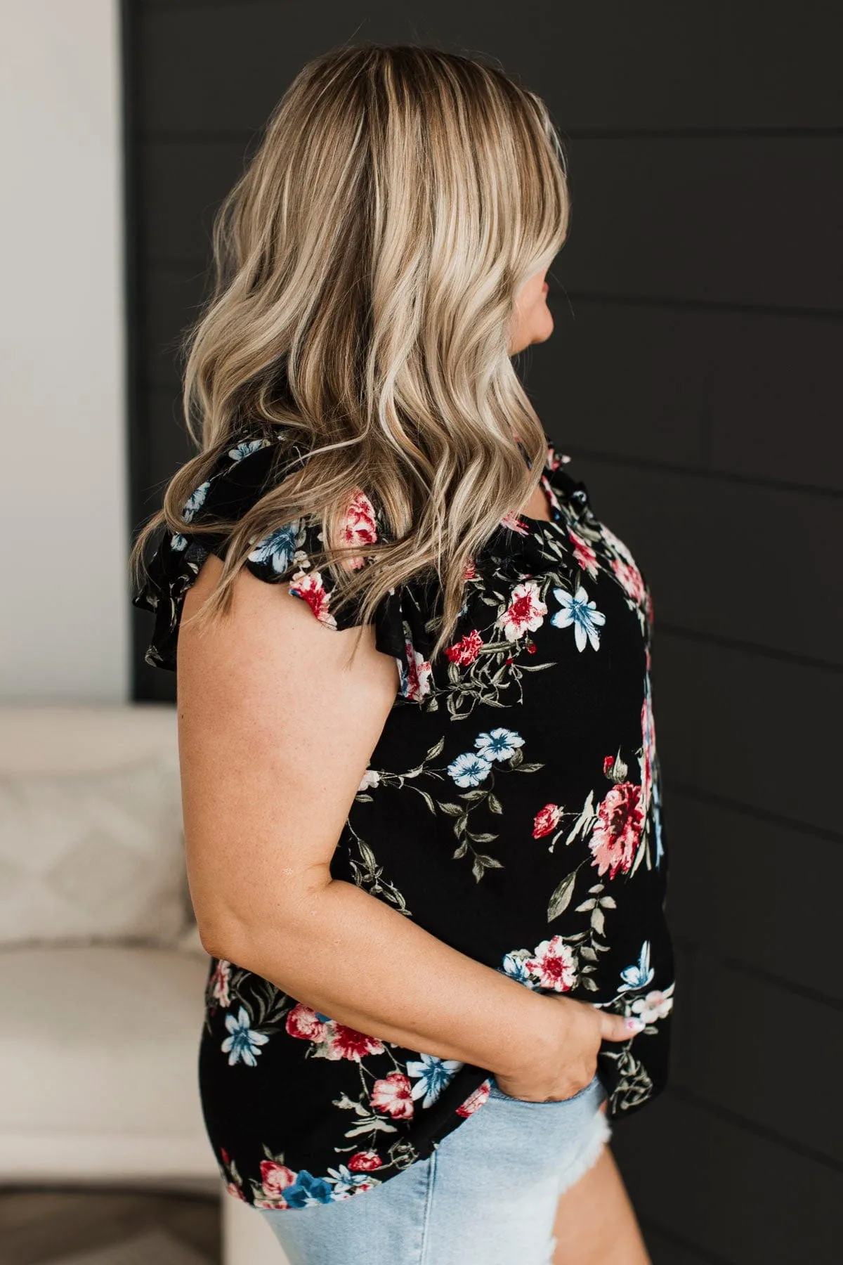 Elevated Evenings Floral Ruffle Top- Black