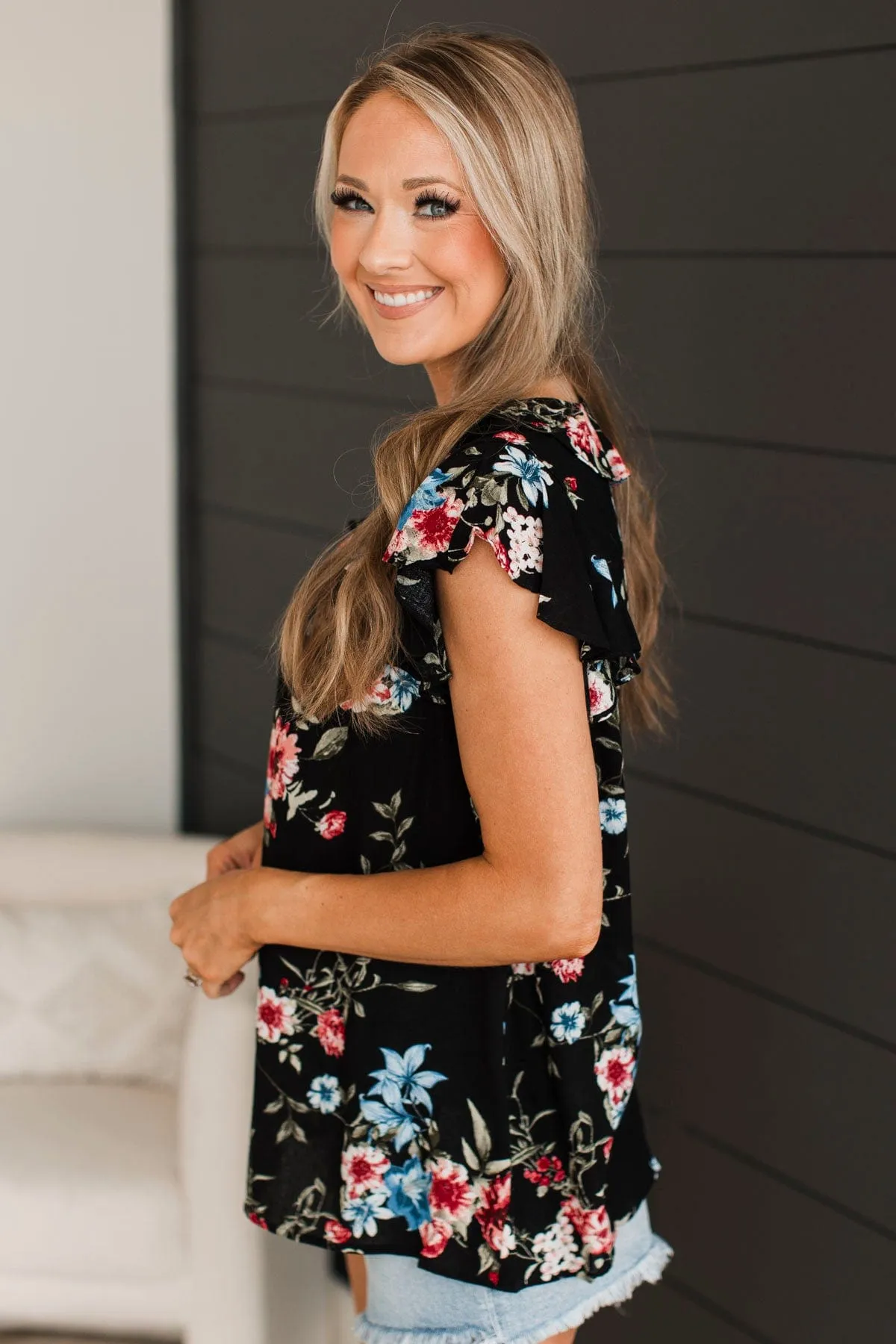 Elevated Evenings Floral Ruffle Top- Black