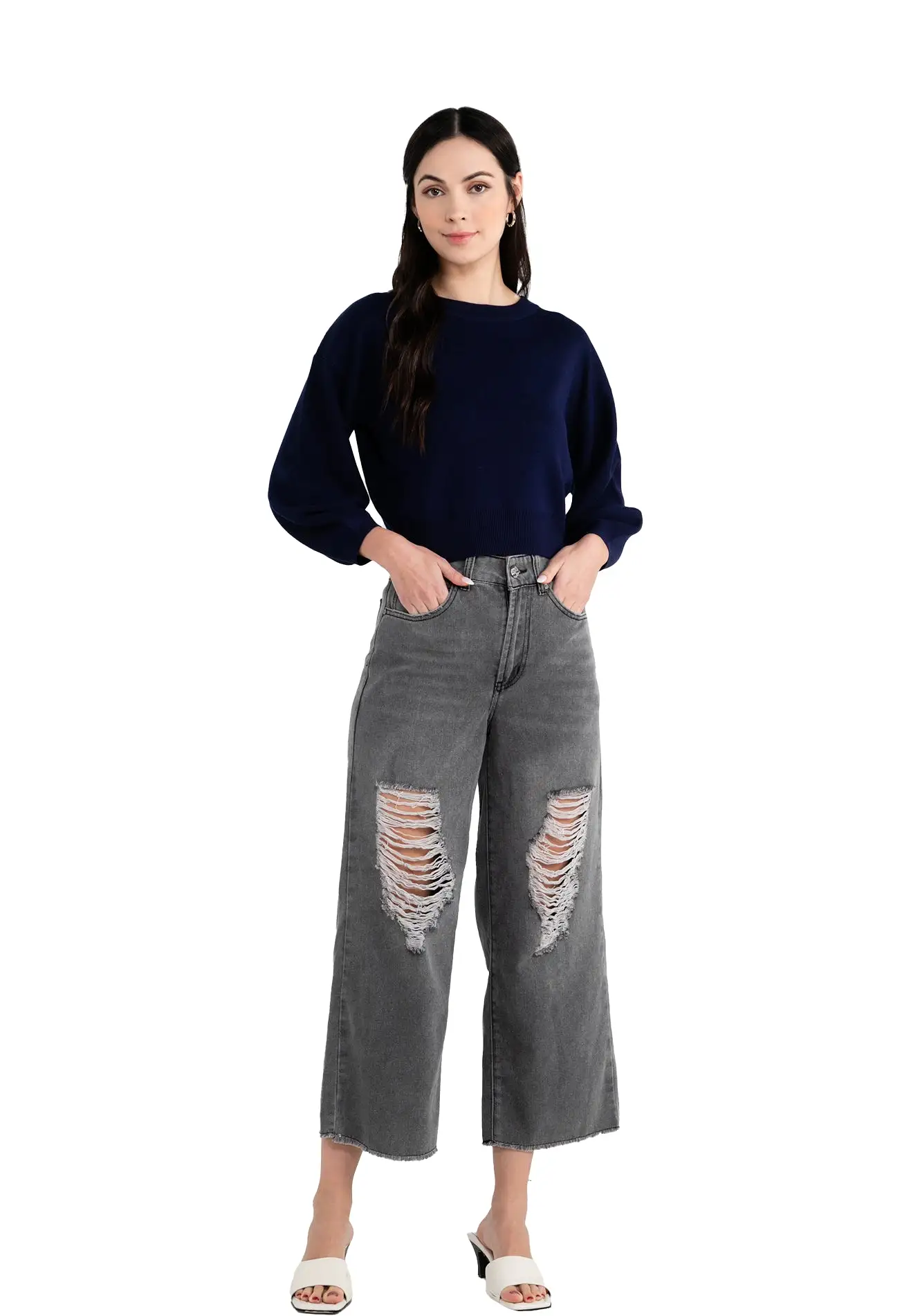 ELLE Apparel High Waist Ripped Denim Jeans