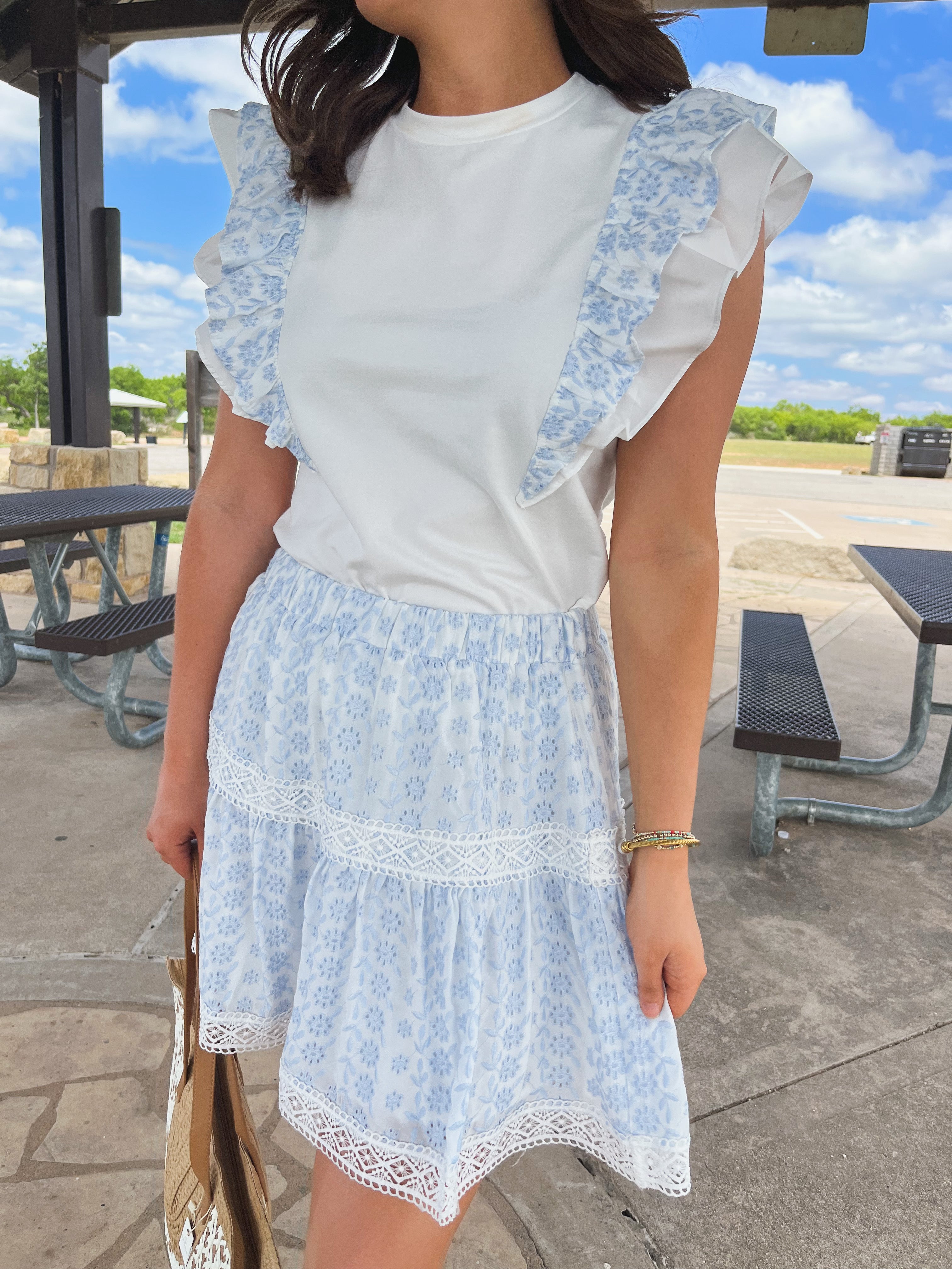 Eyelet Lace Ruffled Top - Powder Blue