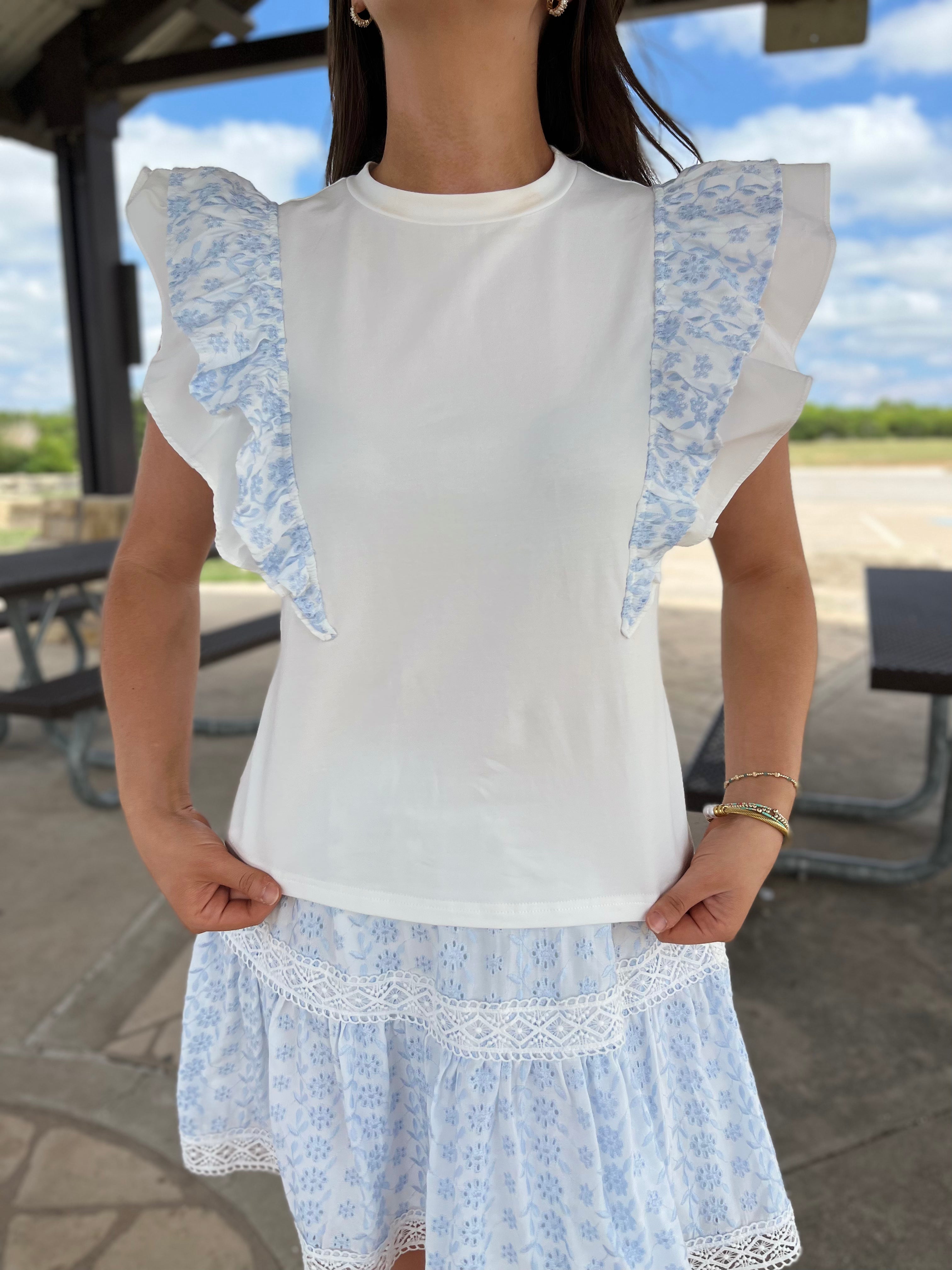 Eyelet Lace Ruffled Top - Powder Blue