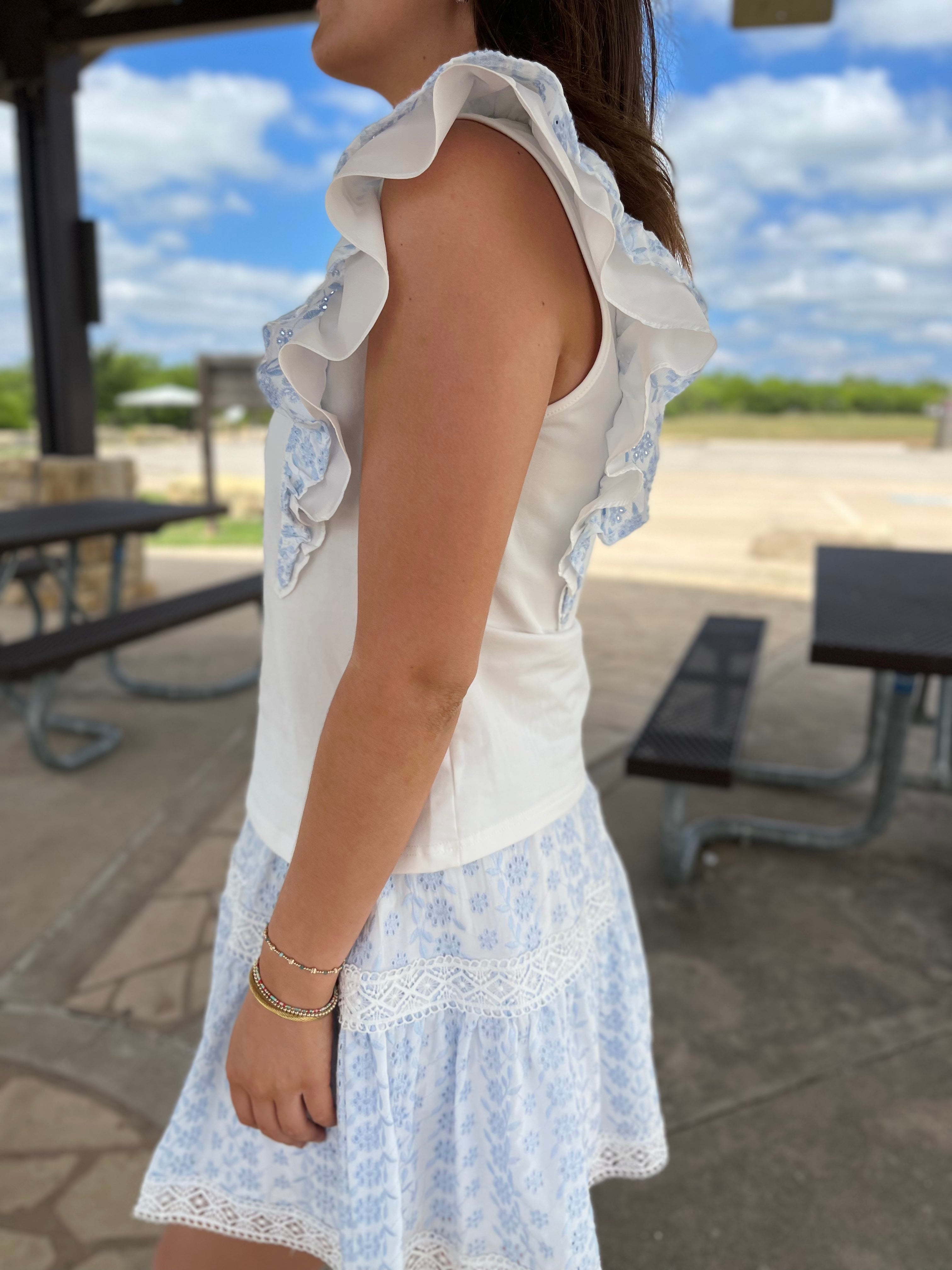 Eyelet Lace Ruffled Top - Powder Blue