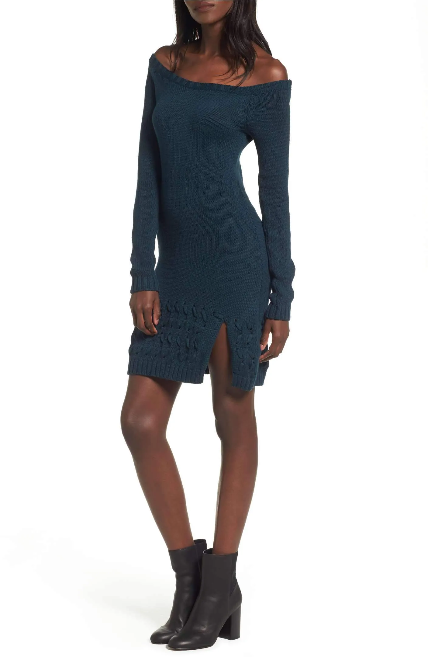 Final Sale - Somedays Lovin - Falling Free Knit Off The Shoulder Dress in Peacock