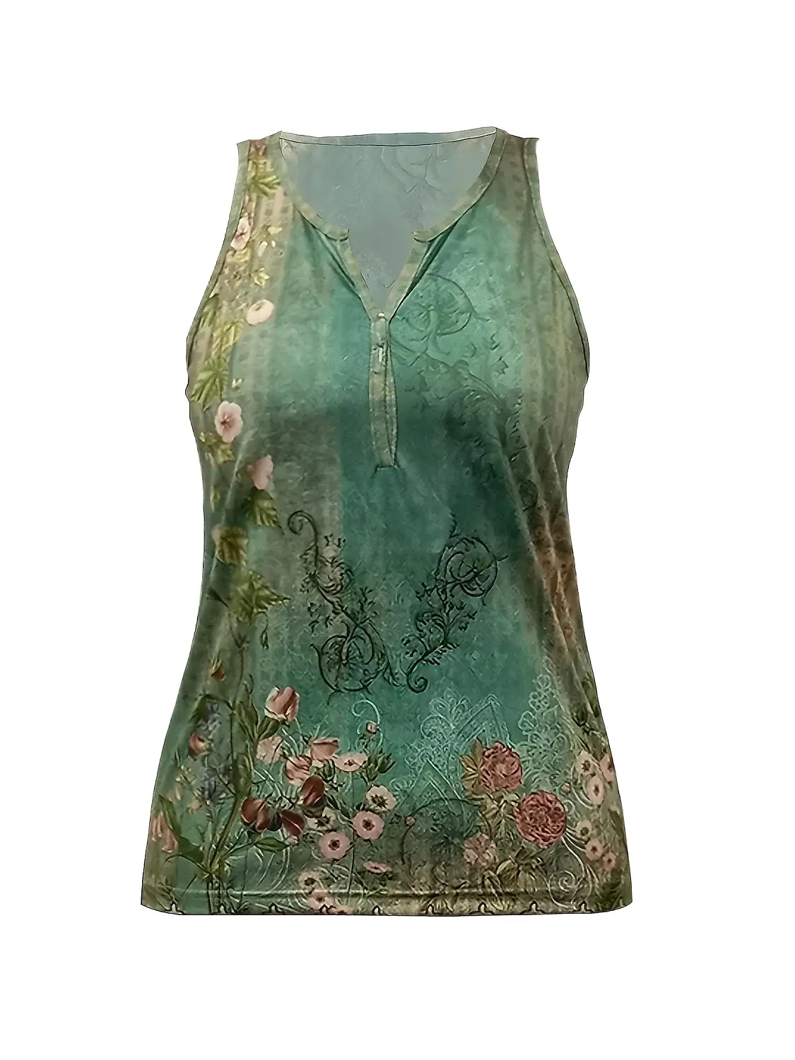 Floral Print Button V-Neck Short Sleeve Women's Tank Top