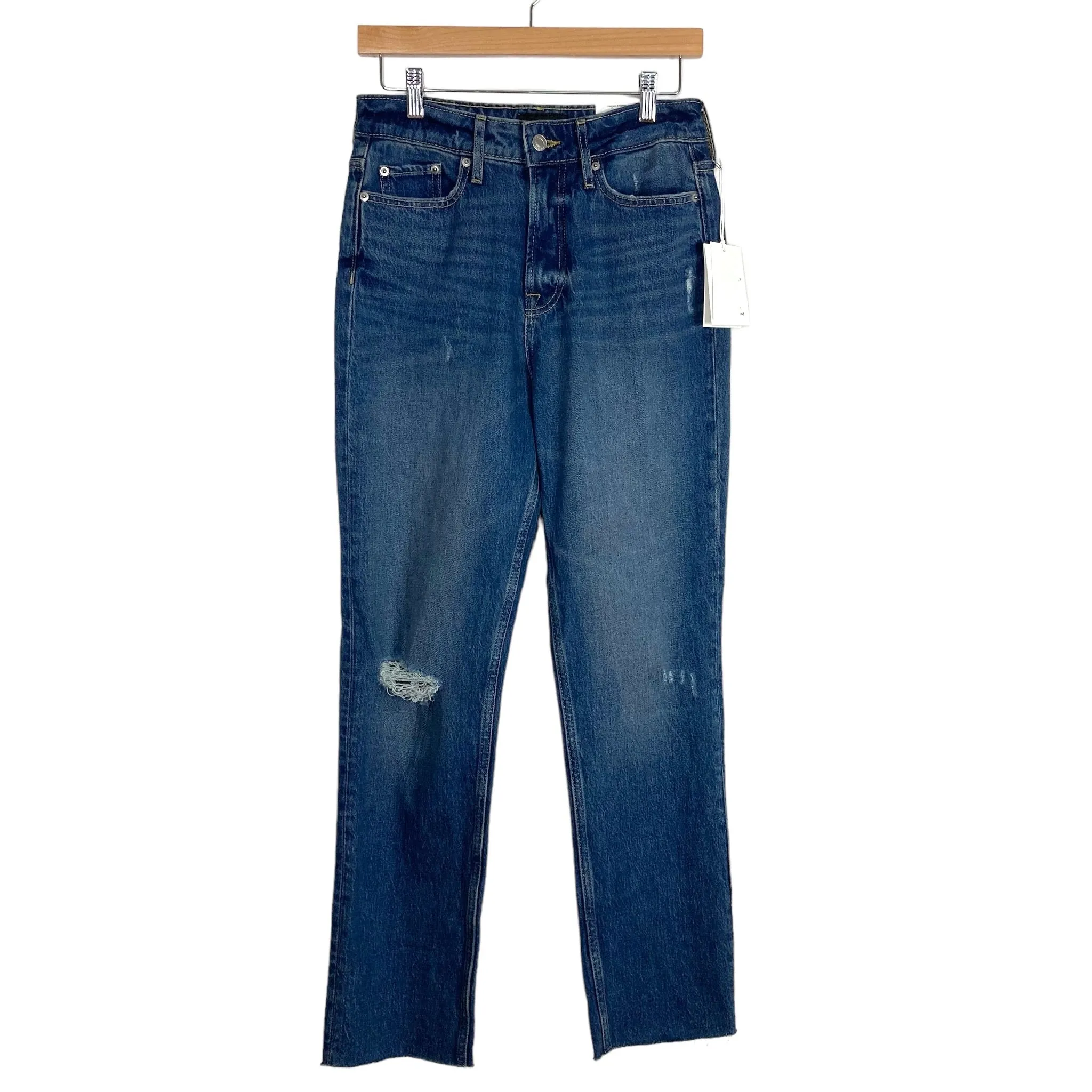 Free Assembly Medium Wash Distressed with Raw Hem Super High Rise Straight Jeans NWT- Size 2 (Inseam 29.5”)