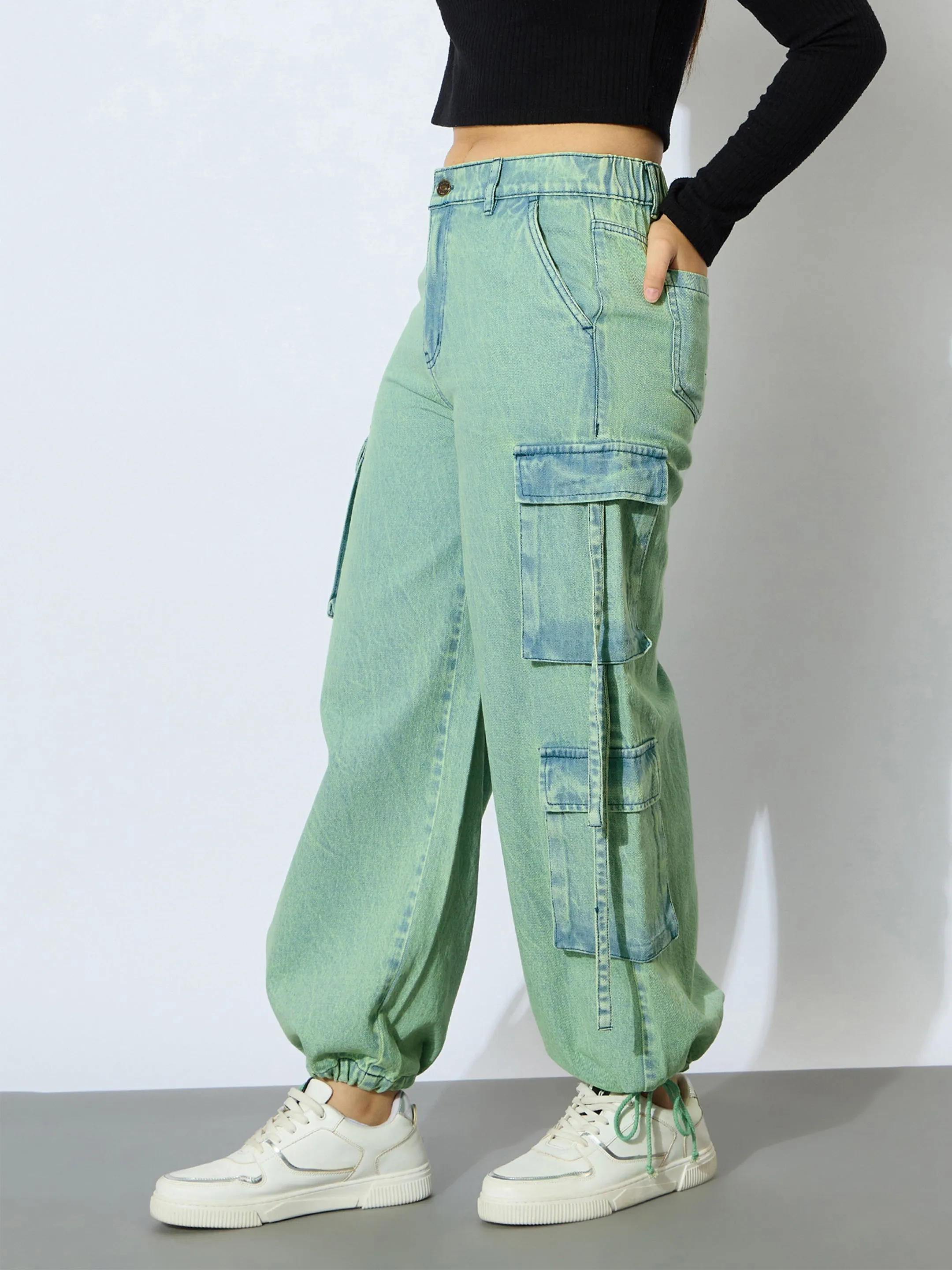 Girl Yellow Wash Denim Pintuck Cargo Jeans