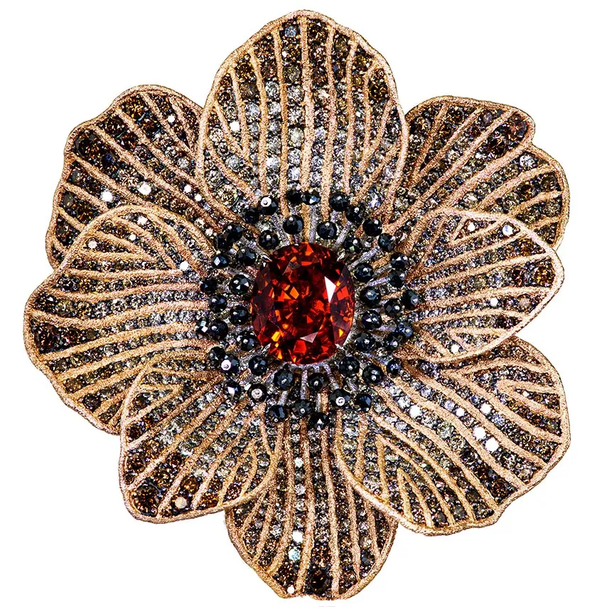 Gold Coronaria Brooch with Mandarin Garnet & Diamonds