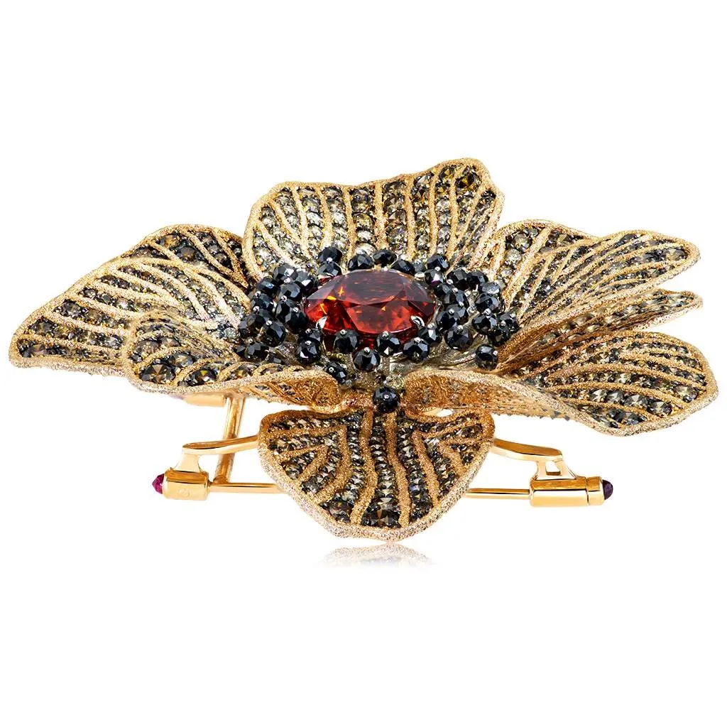 Gold Coronaria Brooch with Mandarin Garnet & Diamonds