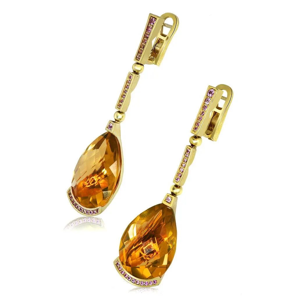 Gold Swan Drop Earrings with Honey Citrine & Sapphires