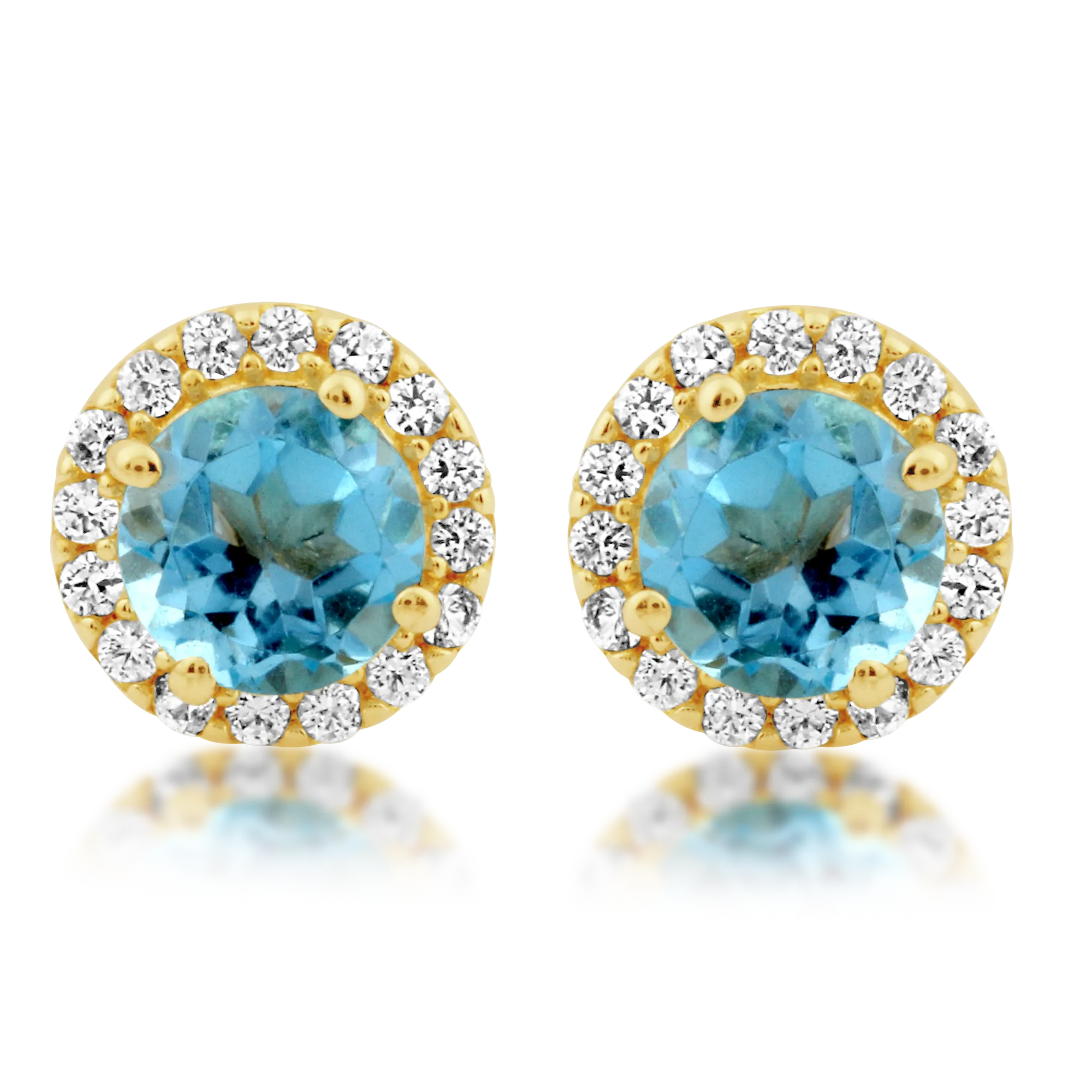 Jewelili 10K Yellow Gold with Created White Sapphire and Natural Swiss Blue Topaz Halo Stud Earrings