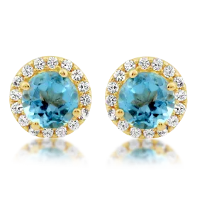 Jewelili 10K Yellow Gold with Created White Sapphire and Natural Swiss Blue Topaz Halo Stud Earrings