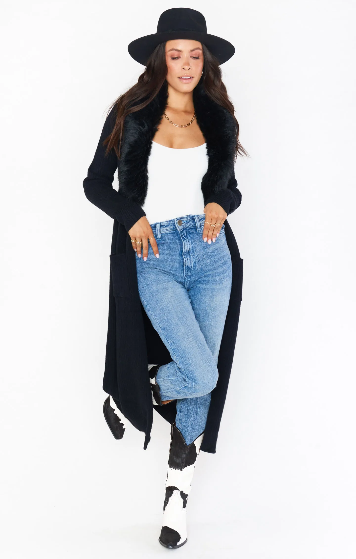 Lombardi Long Cardi ~ Black Knit with Faux Fur