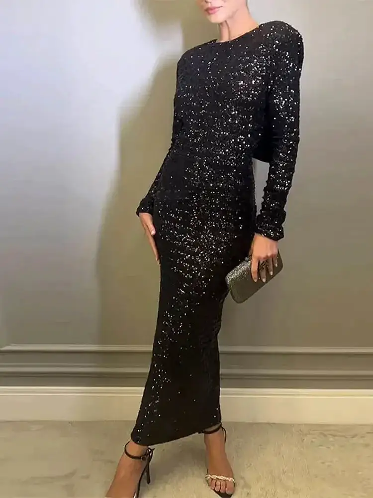 Long Sleeve Maxi Dresses Back Bowknot Sequin Bodycon Maxi Dress Women Black O-neck Long Sleeve Backless Dresses 2024