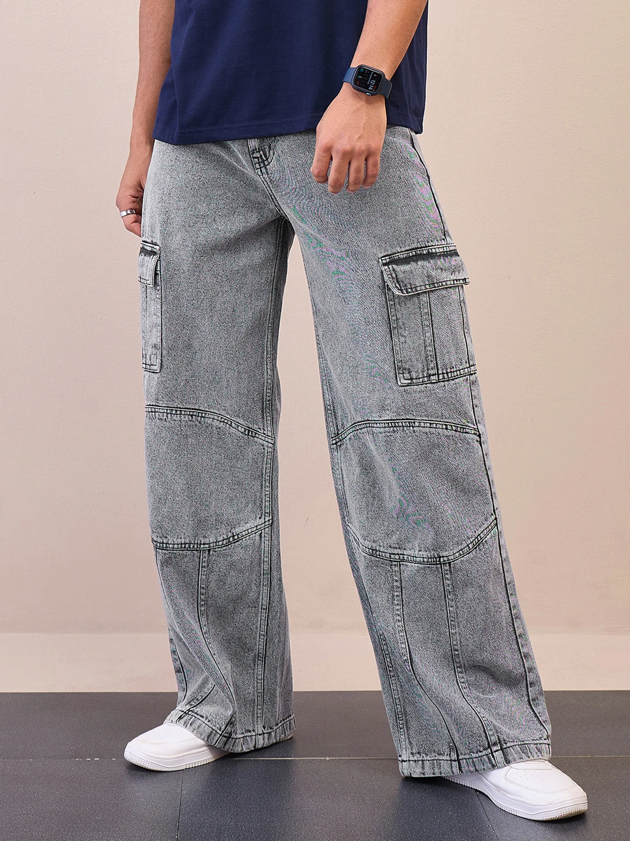 Men Grey Front Detail Wide Leg Jeans