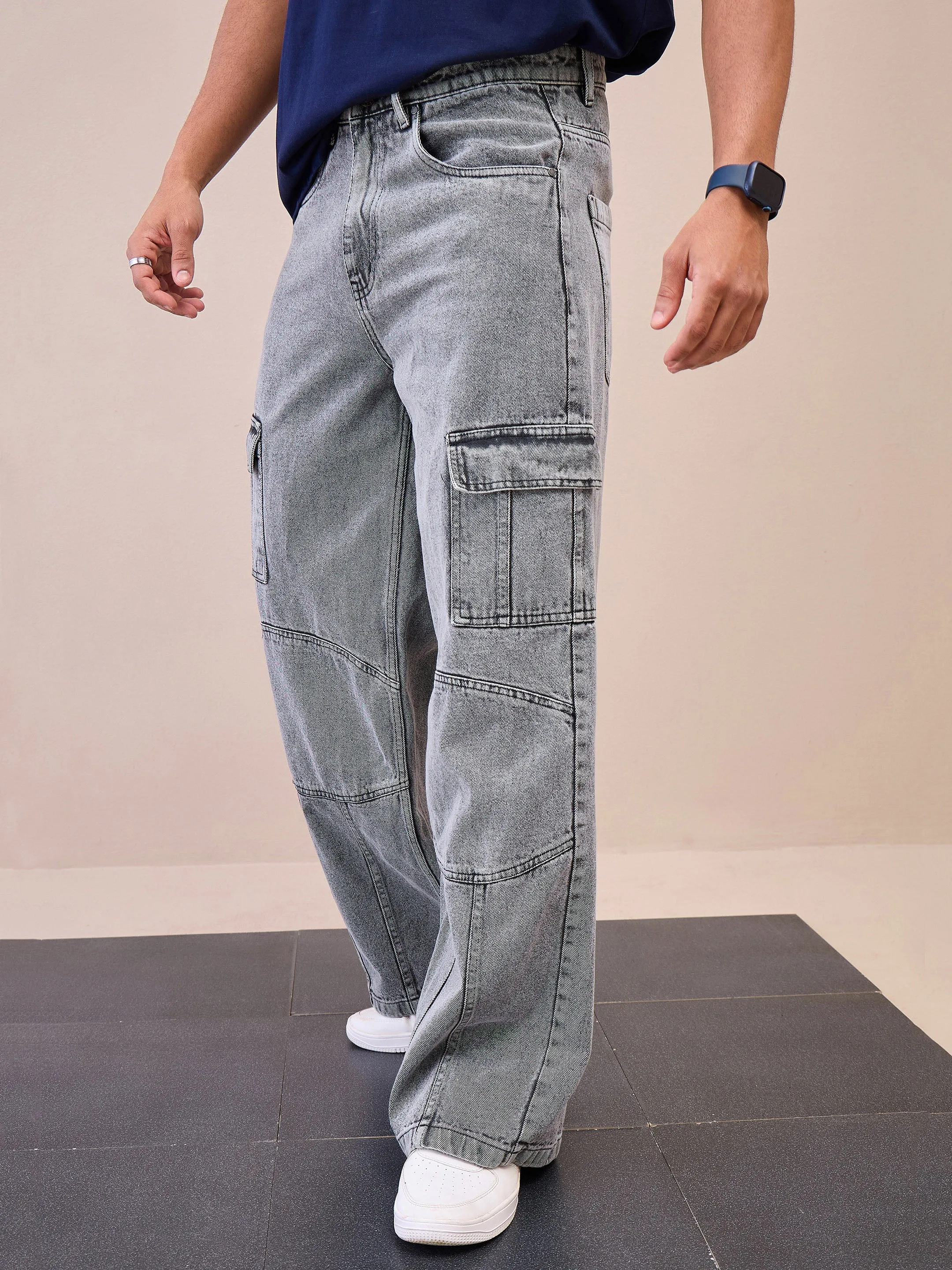 Men Grey Front Detail Wide Leg Jeans