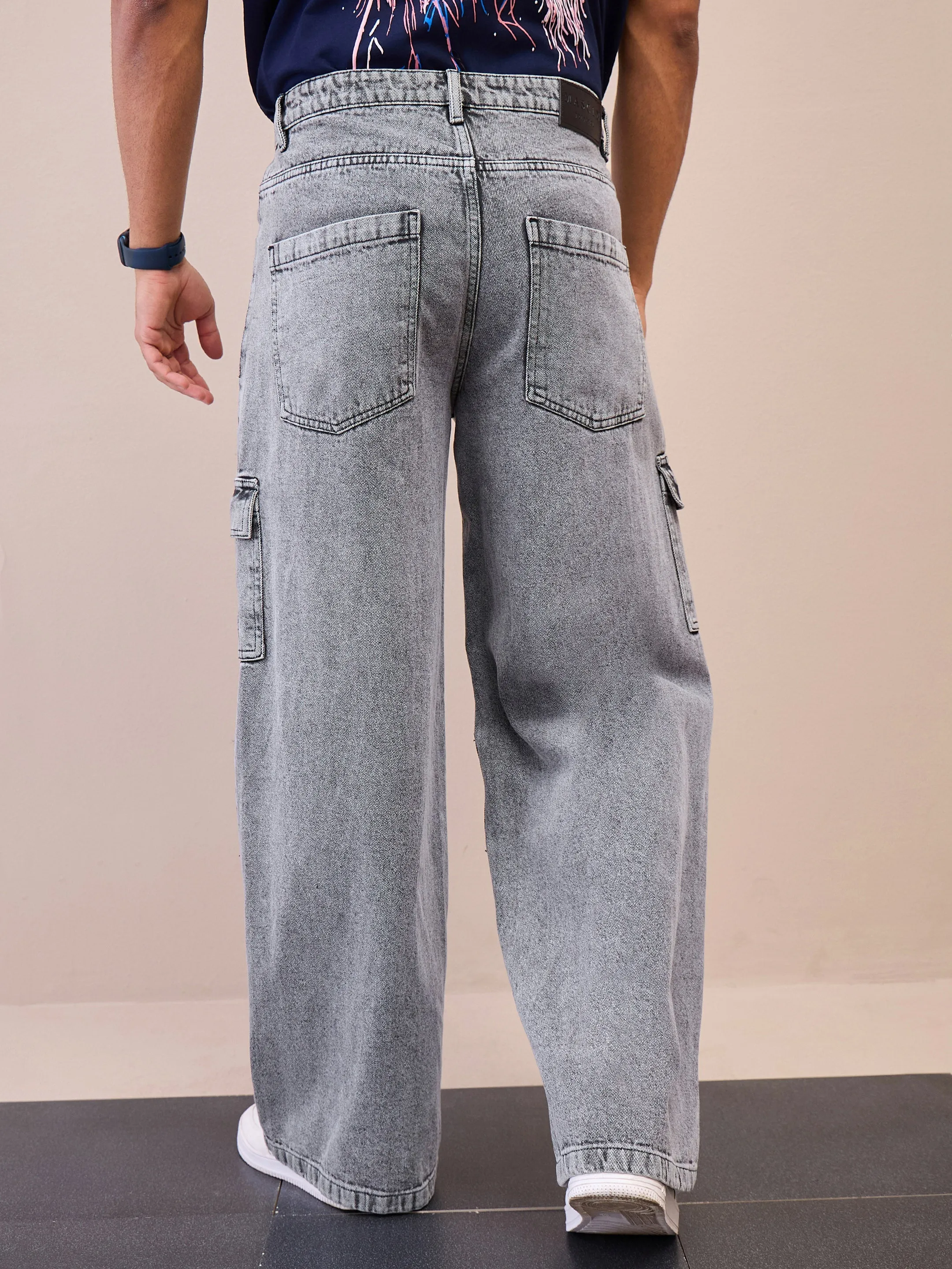 Men Grey Front Detail Wide Leg Jeans