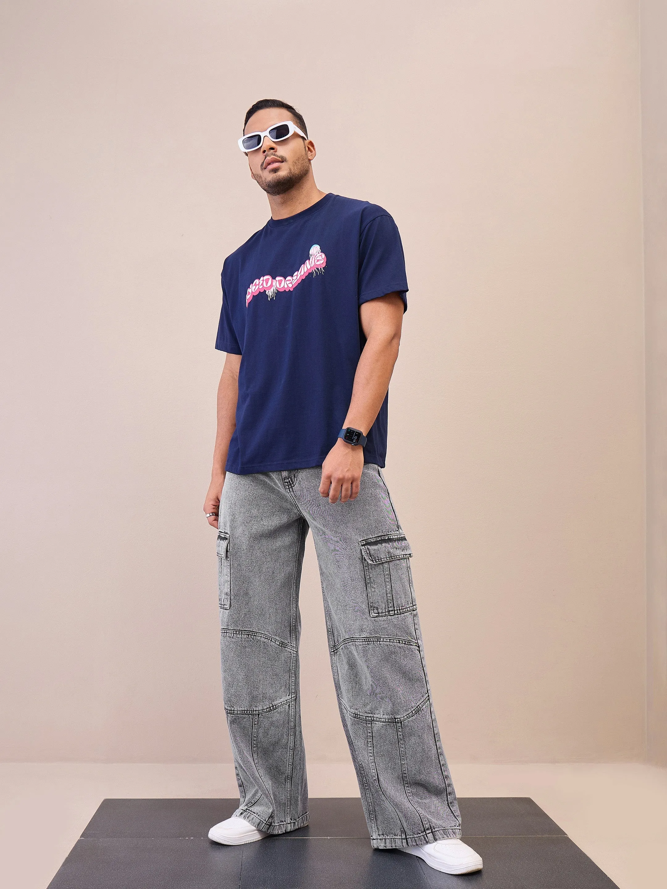 Men Grey Front Detail Wide Leg Jeans