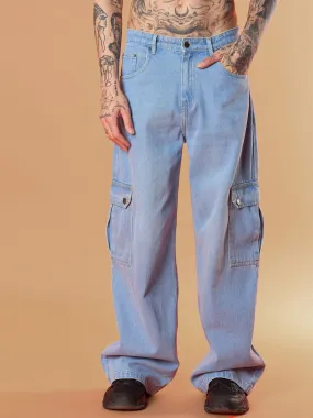 Men Light Blue Wide Leg Cargo Jeans