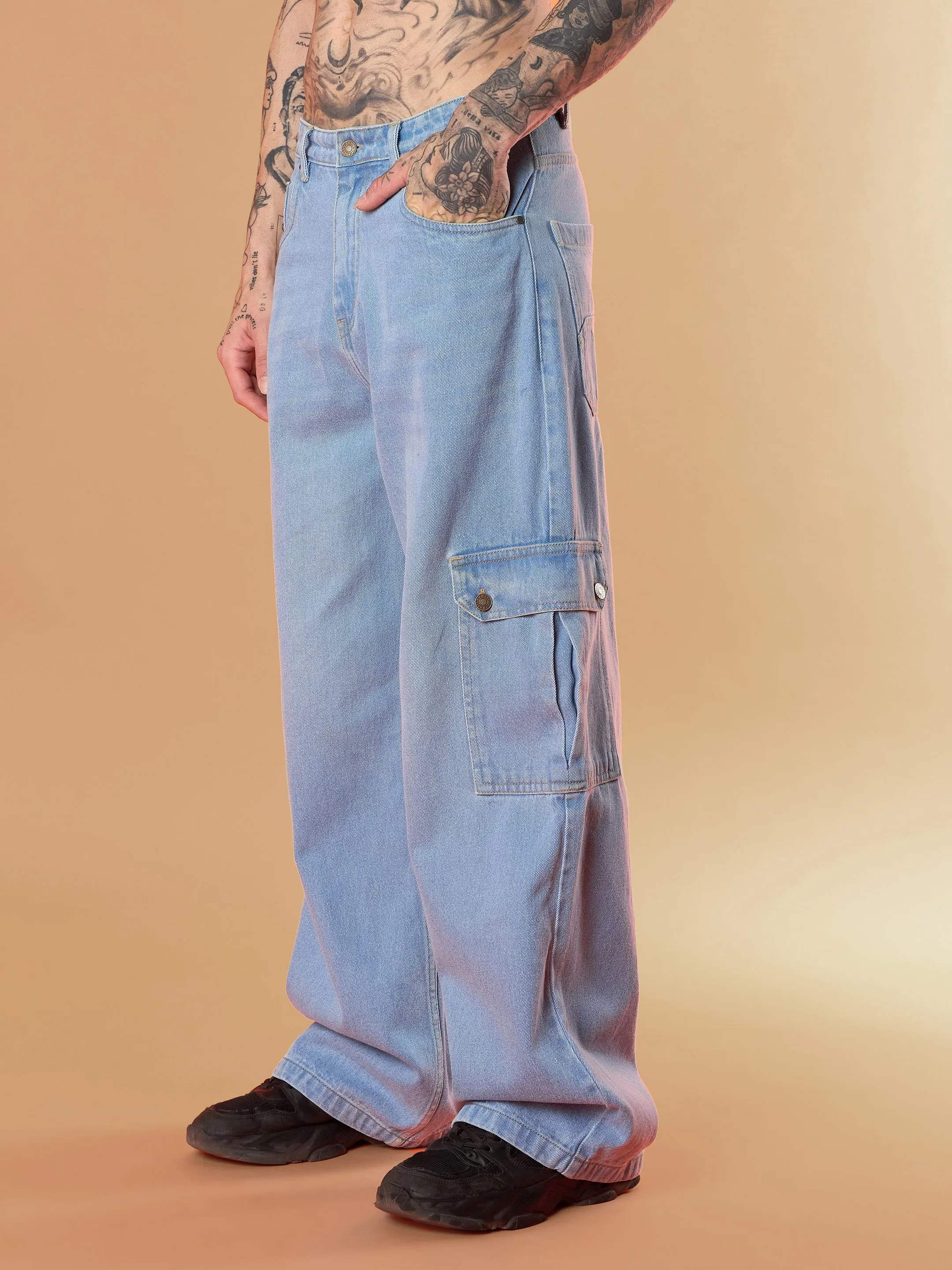 Men Light Blue Wide Leg Cargo Jeans