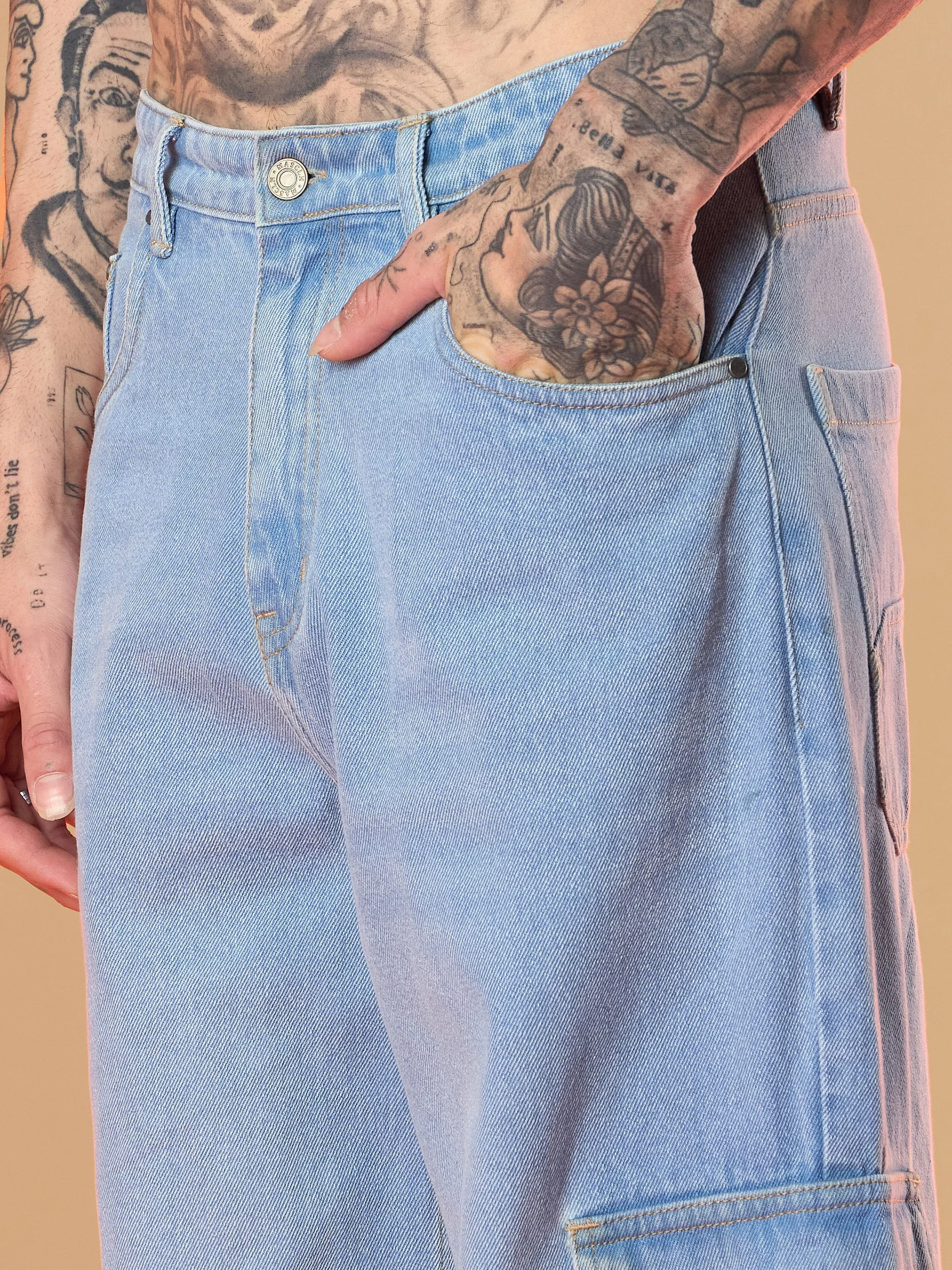 Men Light Blue Wide Leg Cargo Jeans