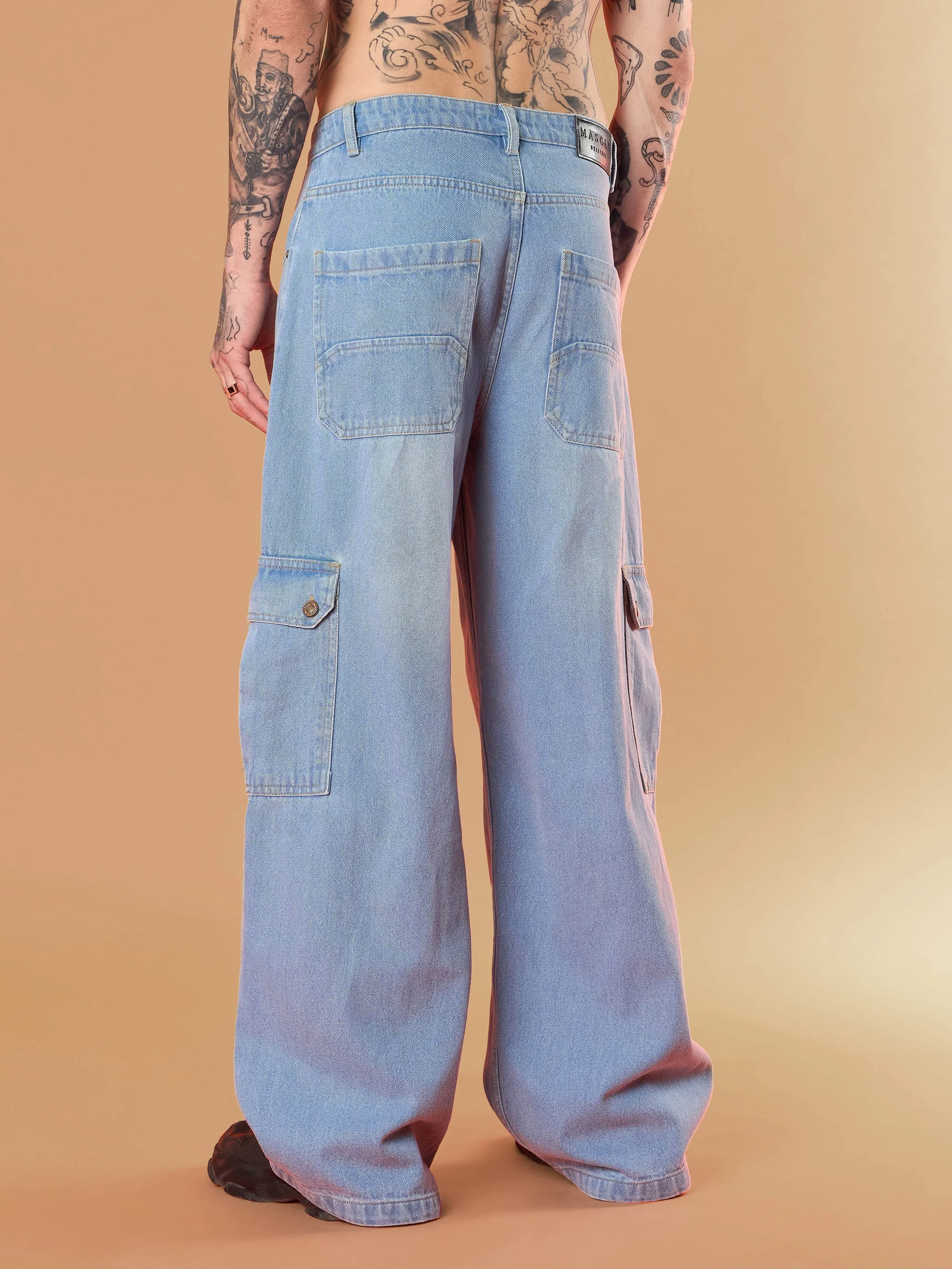 Men Light Blue Wide Leg Cargo Jeans