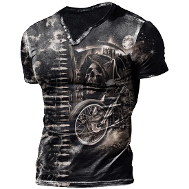 Men's Vintage Distressed Rock Motorcycle Road Trip Button V Neck Print T-Shirt