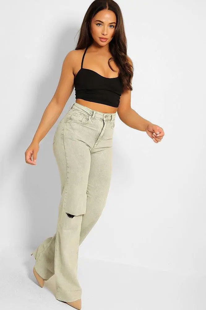 Mint Slashed Knee Straight Leg Jeans