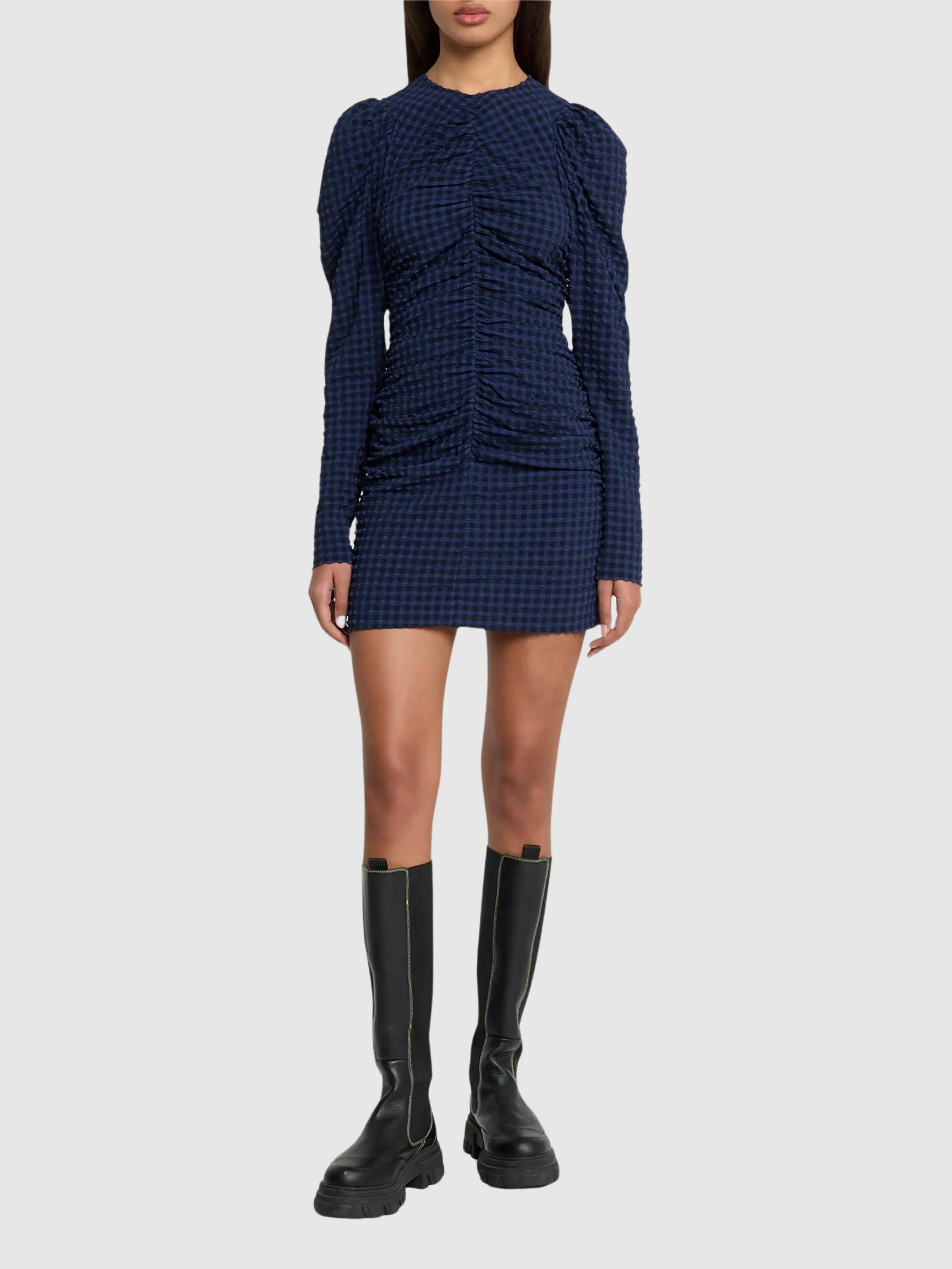 Navy Stretch Seersucker O-Neck Mini Dress