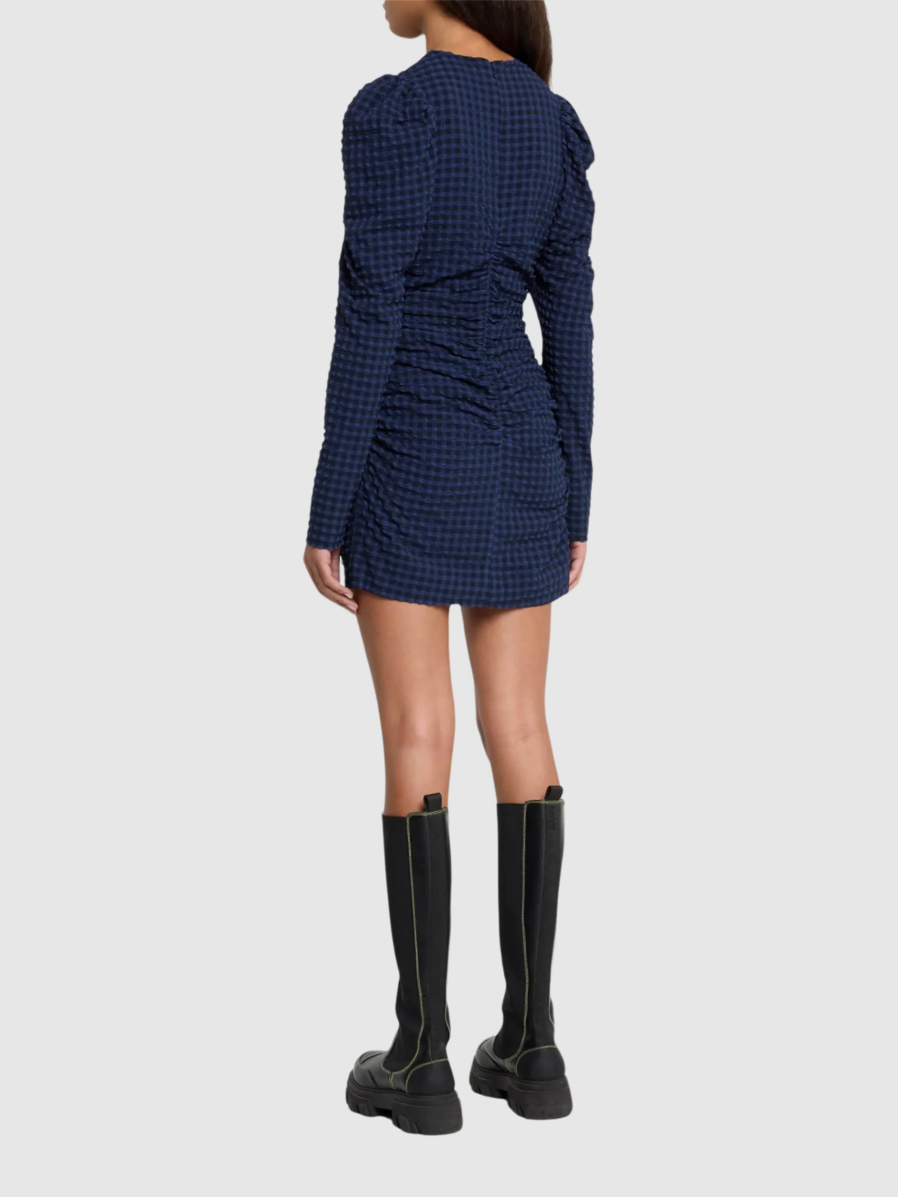 Navy Stretch Seersucker O-Neck Mini Dress