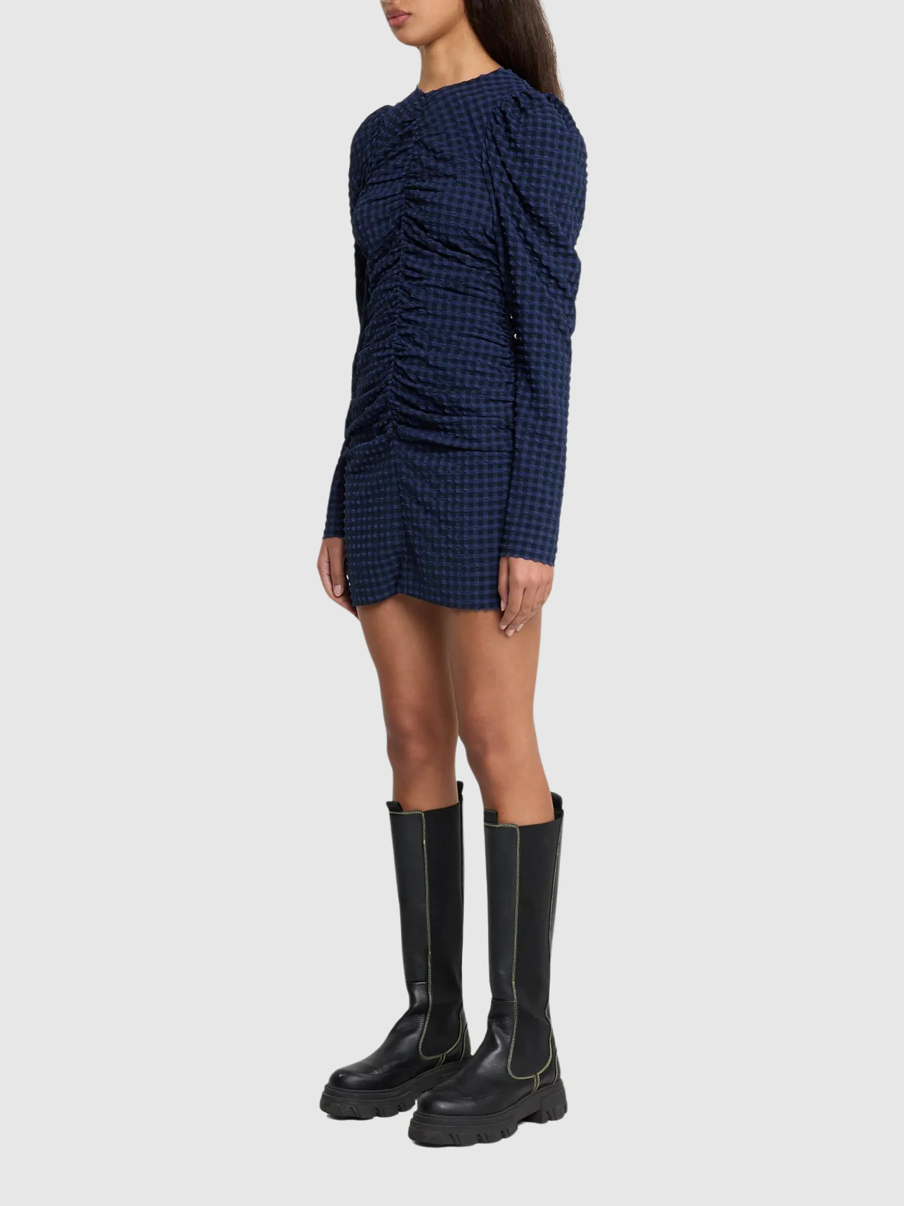 Navy Stretch Seersucker O-Neck Mini Dress