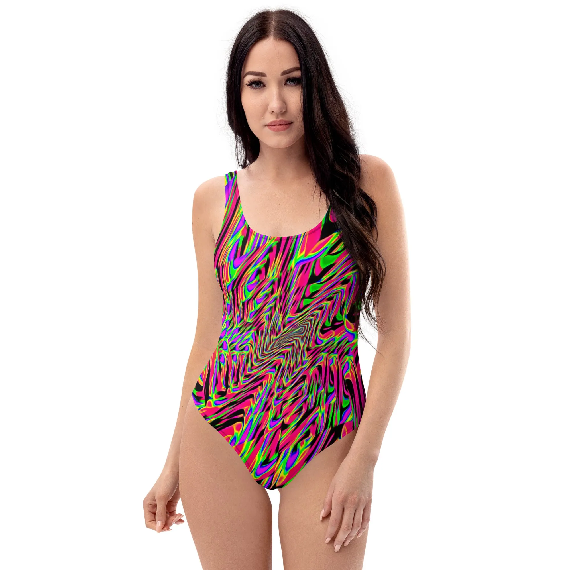 Neon Acid Waves One-Piece Rave Swimsuit