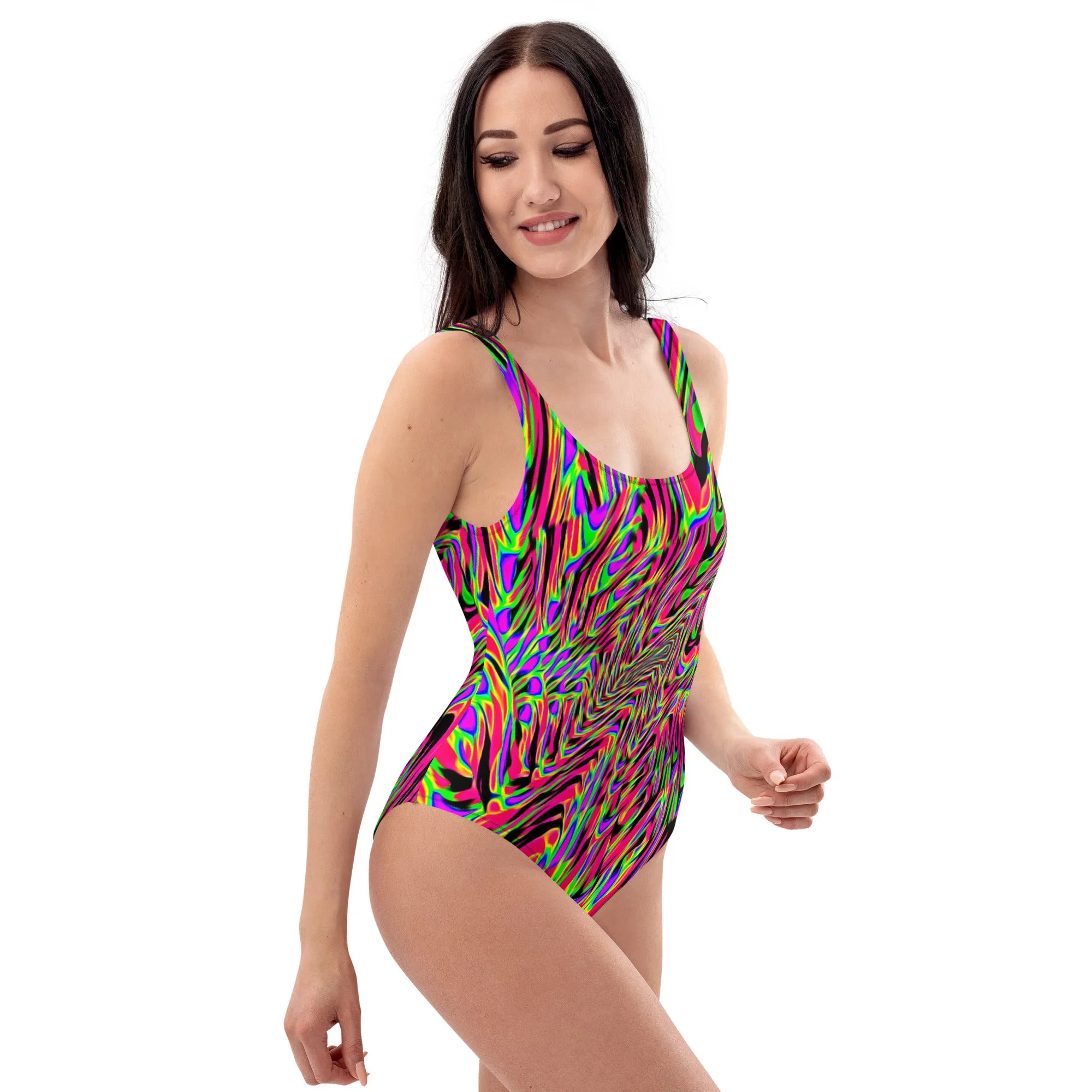 Neon Acid Waves One-Piece Rave Swimsuit