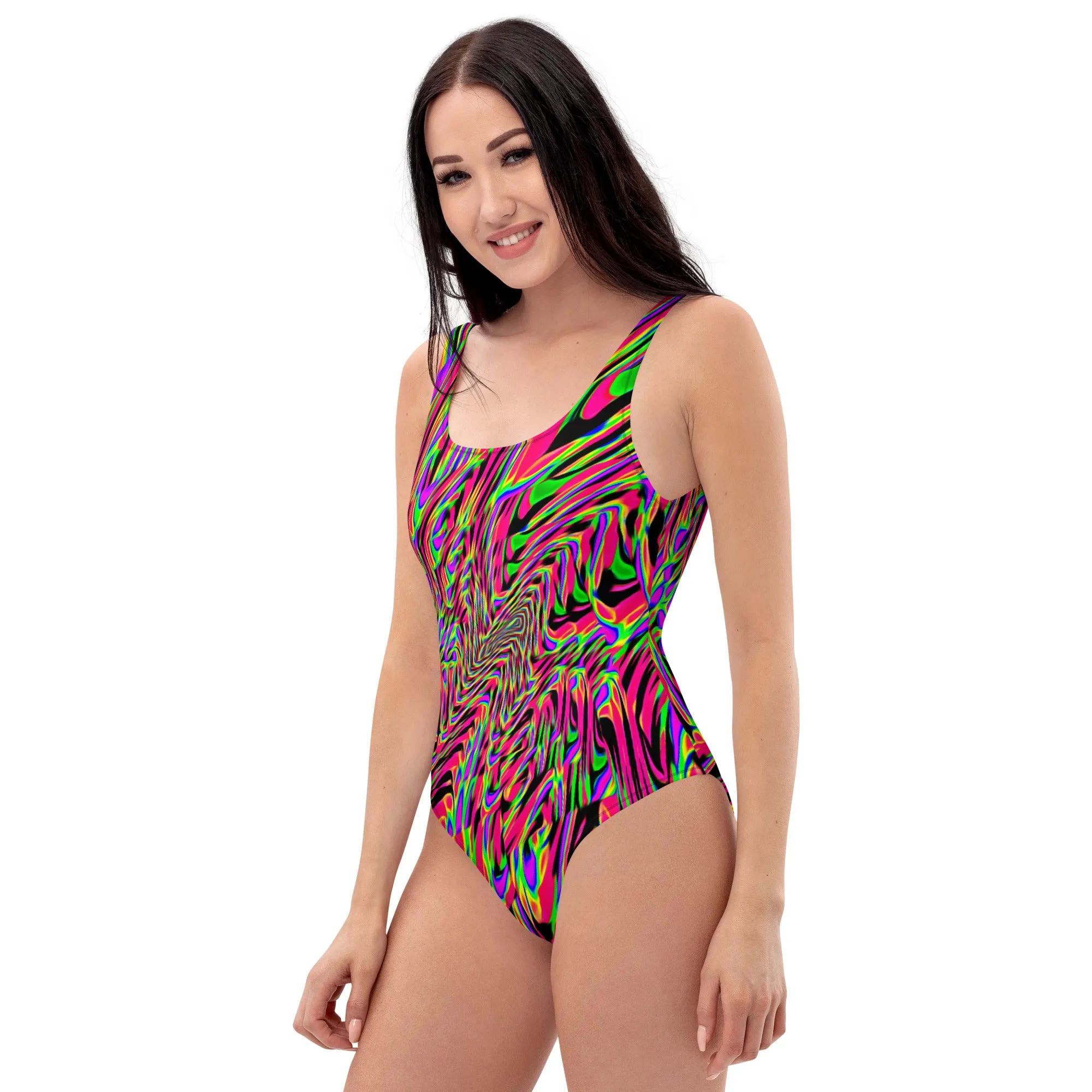 Neon Acid Waves One-Piece Rave Swimsuit